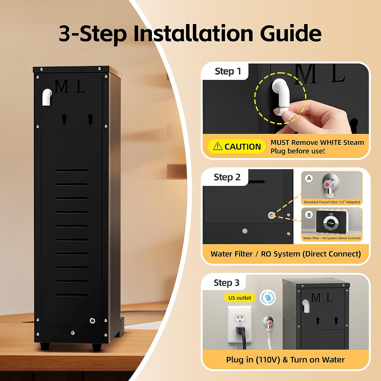 Commercial Hot Water Dispenser, 12.68 Qt (12L) Auto-Refill Plumbed-in Water Boiler, 1500W Step-Heating, 104°F-212°F, Altitude Adaptive & °C/°F Switchable, 17 GPH Flow Rate, Glossy Black