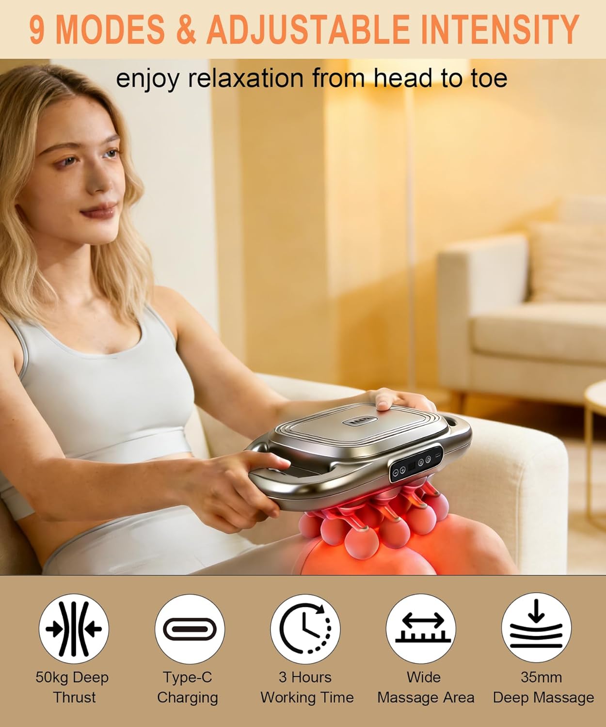 16 Head Massage Gun Set,Deep Tissue Percussion Massager with 9 Modes&Levels,Red Light Therapy,Electric Portable Muscle Massager for Back,Shoulders,Legs,Waists Muscle Pain Relief