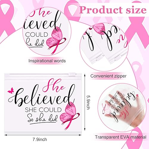 Miniatura 2 de Oudain 60 bolsas de maquillaje para concientización sobre el cáncer de mama, bolsas de cosméticos con cinta rosa, regalos para sobrevivientes de