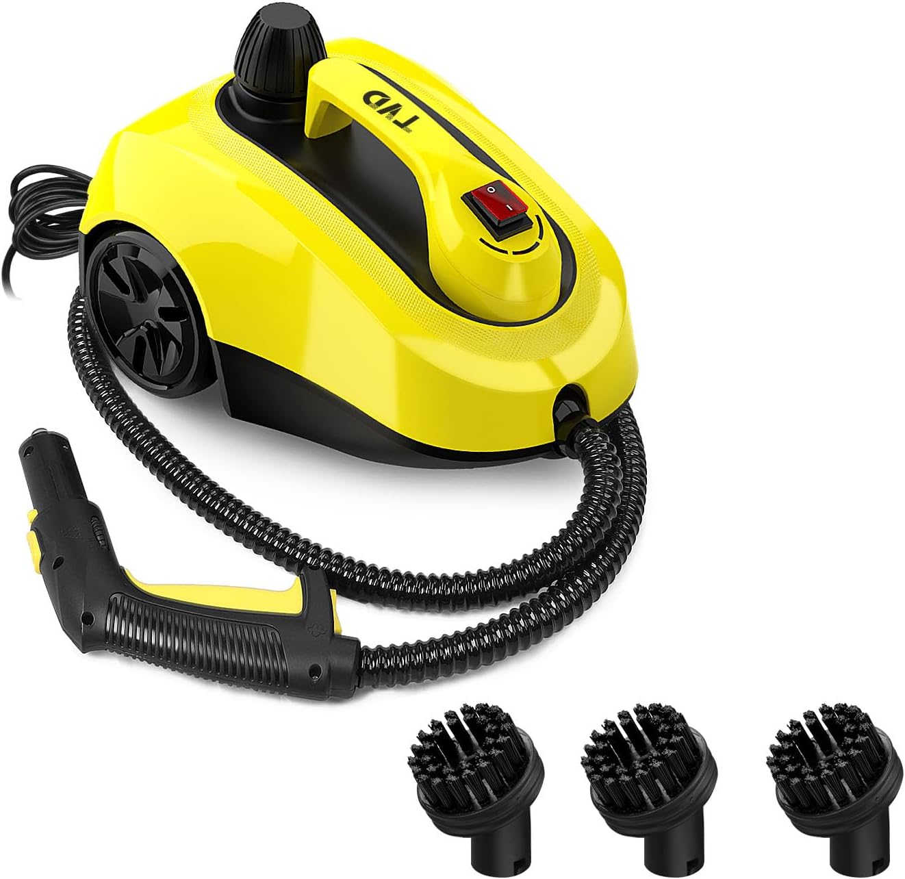 Yellow TVD SW608 steam cleaner with three nylon brushes in the foreground.