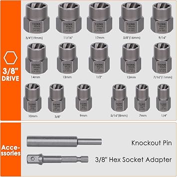 18-Piece Bolt Extractor Kit, 3/8 Drive Impact Bolt & Nut Remover Set