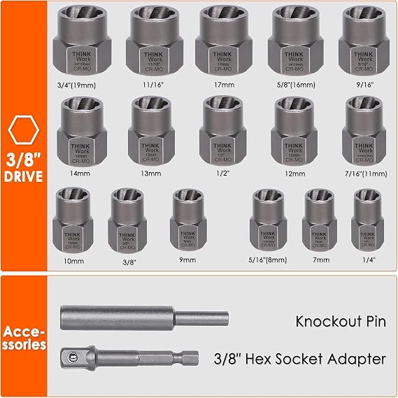 18-Piece Bolt Extractor Kit, 3/8 Drive Impact Bolt & Nut Remover Set