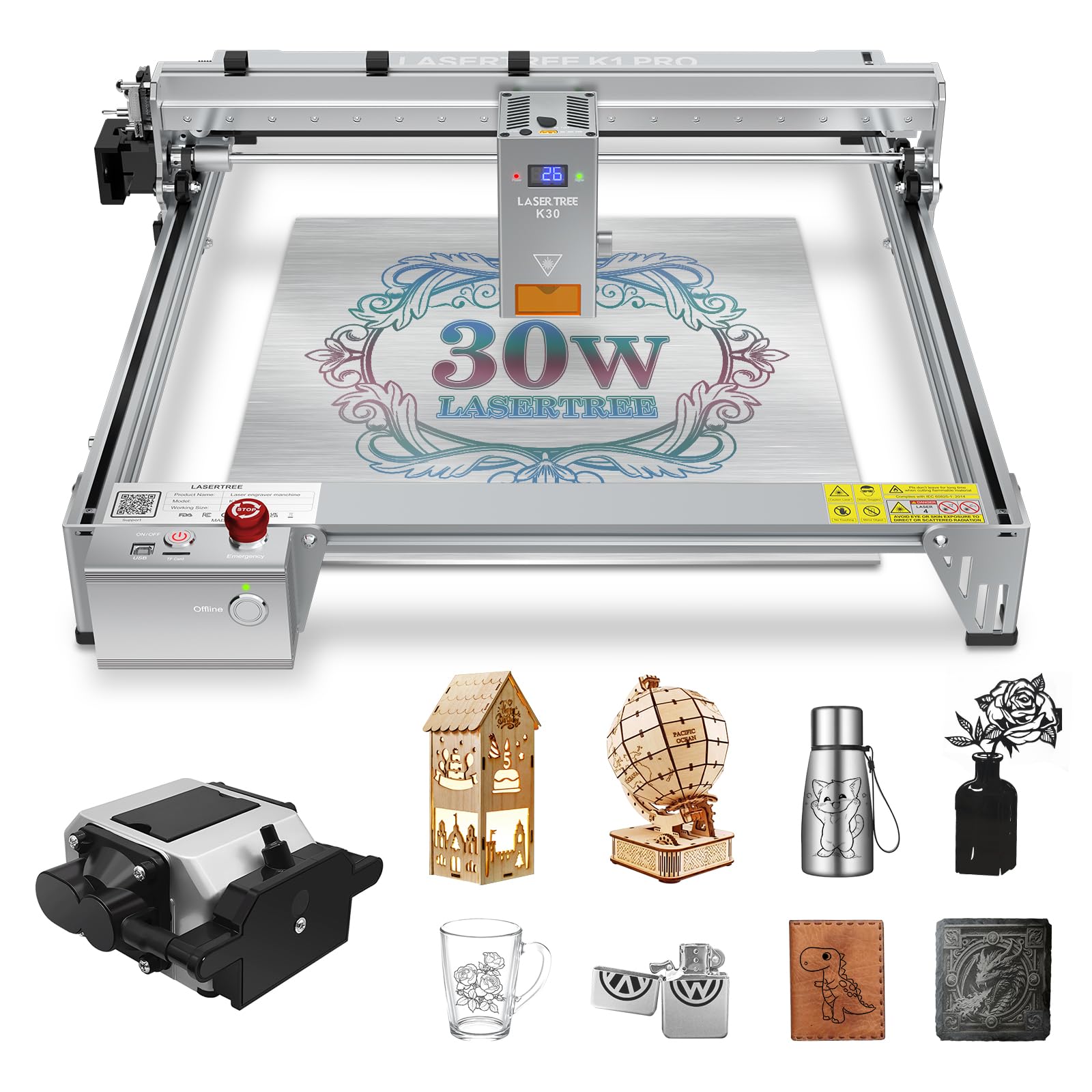 LASER TREE Laser Engraver, 30000mW（30W）Output Power Laser Engraver Machine with Air Assist Pump, High Precision Laser Cutter and Engraver for Wood & Metal Paper Acrylic Glass Leather etc，Class 4