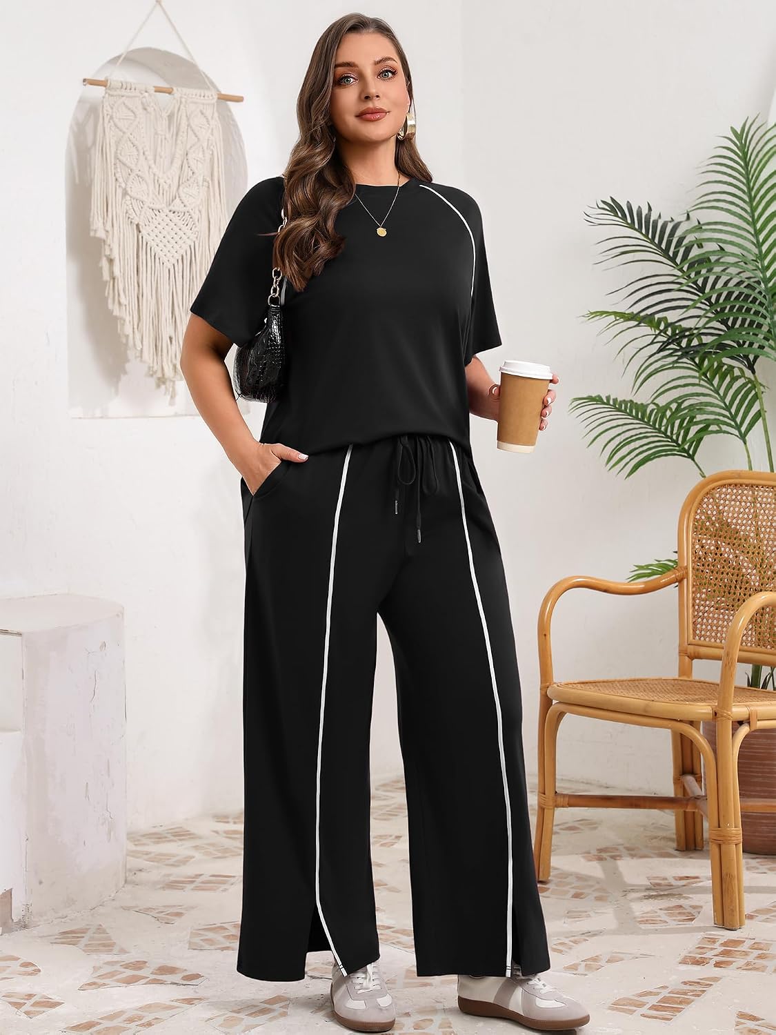 Chulianyouhuo Plus Size 2 Piece Sets Women Summer Outfits Matching Sweatsuit Lounge Set Short Sleeve Tops and Wide Leg Pants