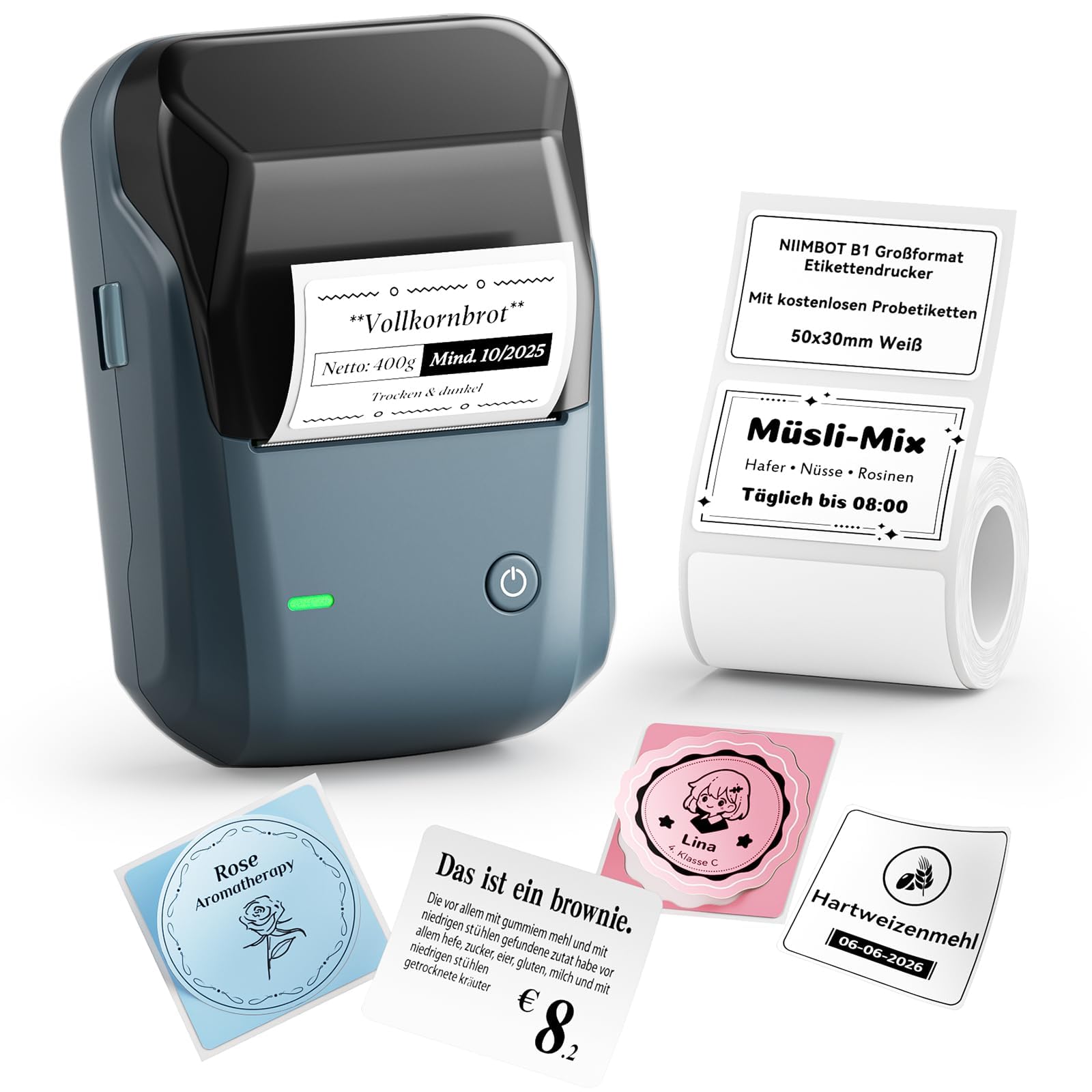 NIIMBOT B1 Etikettendrucker mit Wasserfeste Etiketten Selbstklebend, Tragbarer Beschriftungsgerät Bluetooth Label Printer Aufkleber drucker für schulbedarf, Preisschilder, Logo, Adresse, Marineblau