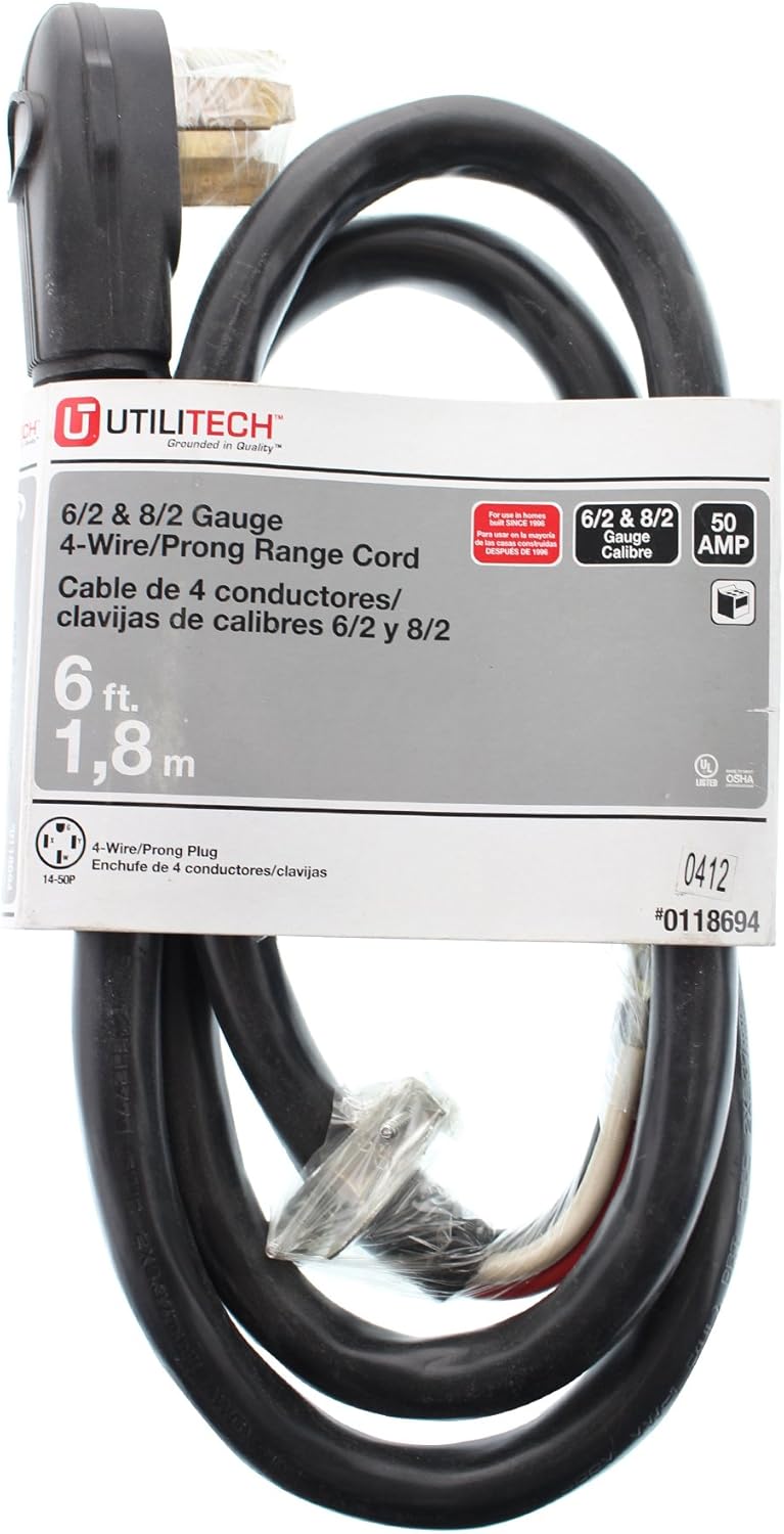 Packaging of the Utilitech 6-ft 6-Gauge Indoor Range Extension Cord showing product details