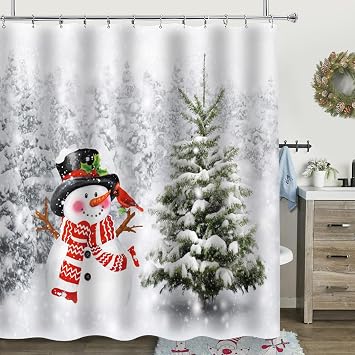 Christmas Shower Curtain, Winter Shower Curtain Set, Waterproof Cute Bathroom Shower Curtain Sets, Snowman Christmas Tree Shower Curtains, Bathroom Curtains Shower Set Bathroom Decor 72"X72"