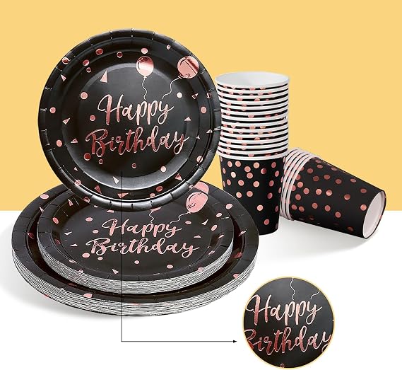 Nkaiso 121 Pcs Black and Rose Gold Birthday Plates and Napkins for 24