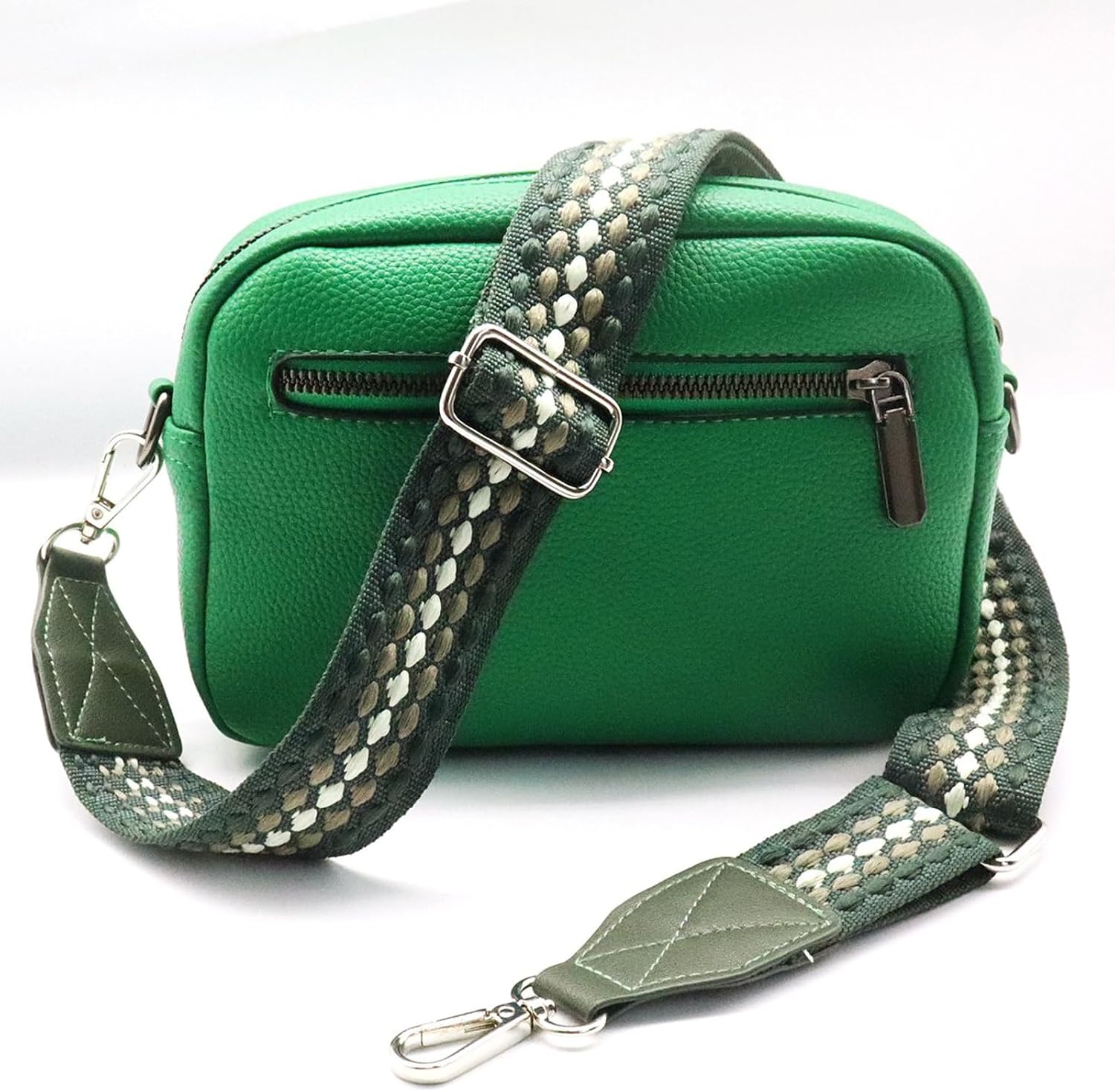 Adjustable Purse Strap with Green Leather End - 1.5" Wide Handbags, Camera, Guitar, Phone & Crossbody Bag Replacement Shoulder Straps(Silver Hardware)