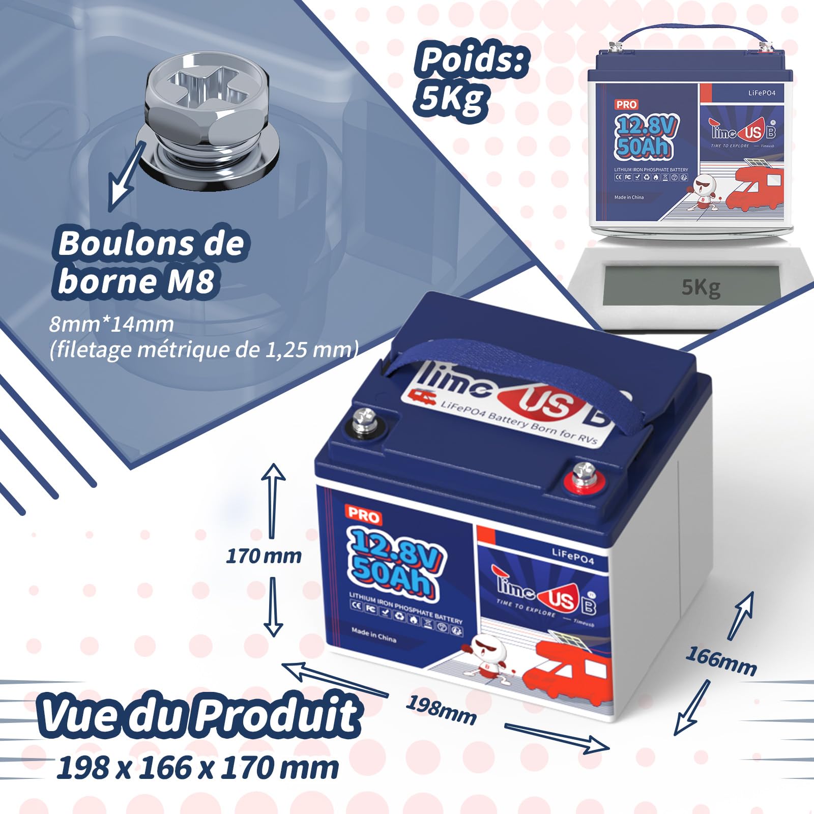 Timeusb Batterie Lithium 12V 50Ah avec 50A BMS pour Camping-Cars Bateaux