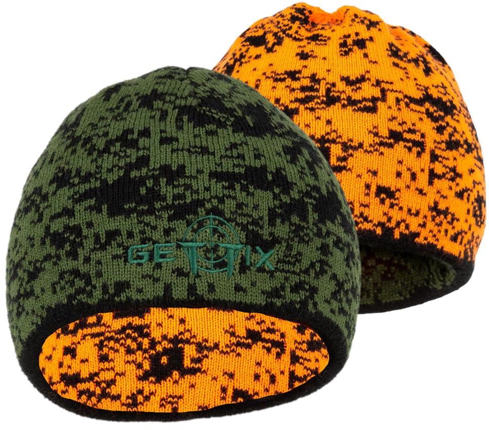 Bonnet de chasse réversible orange pixelcamo idéal pour l'affût en forêt