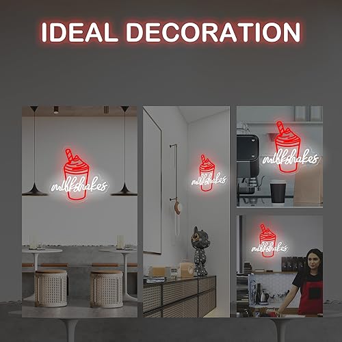 Miniatura 7 de Milkshakes - Letrero de neón LED retro rojo con texto escrito a mano, letrero de decoración de pared para postrería, barra de helado, comedor,