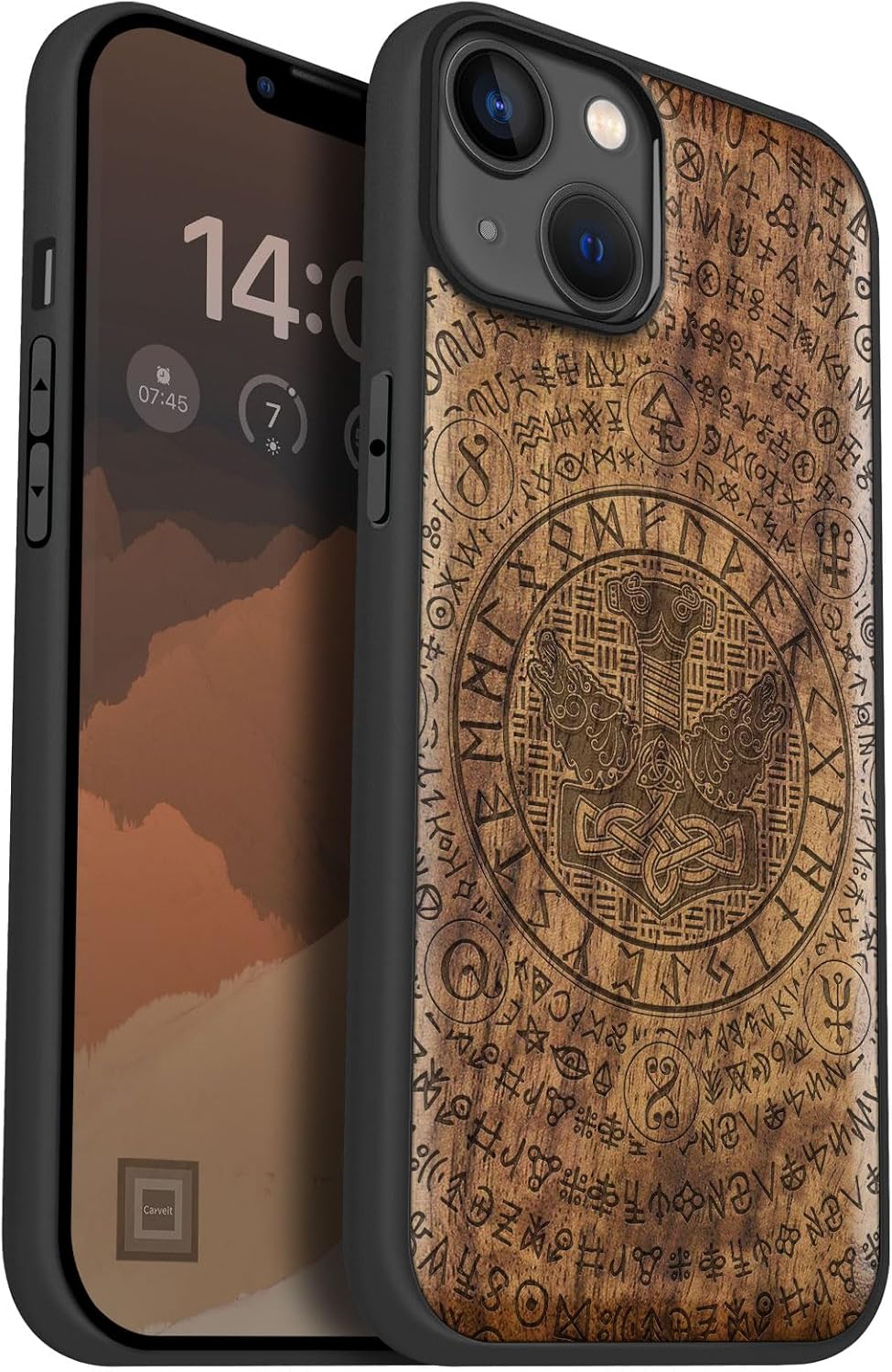 Carveit Magnetic Wood Case for iPhone 14 Plus - Natural Wood & Black Soft TPU - Shockproof Protective Cover - Unique & Classy Wooden Case - Compatible with MagSafe (Mjolnir & Wolves -Walnut)