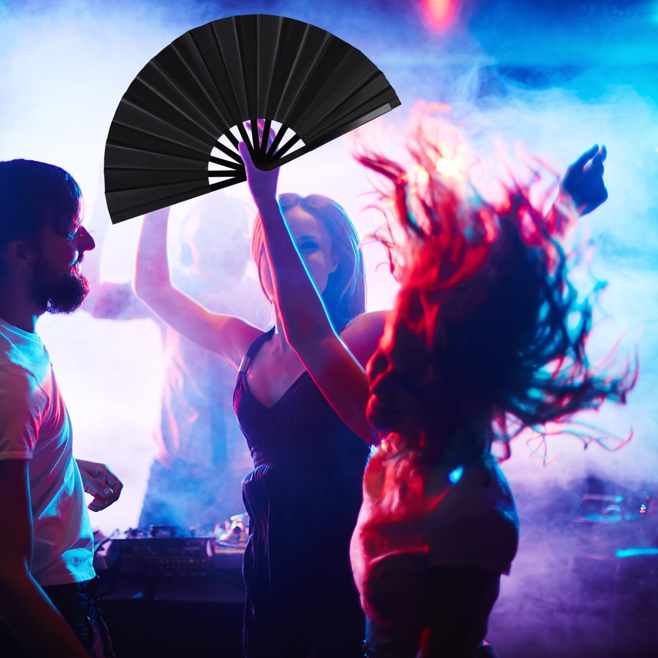 2 Pack Large Folding Hand Fan for Line Dance, Men/Women Rave Hand Fan, Clack Popping Fans for Boots On The Ground Dance, EDM, Wedding, Party (Black)