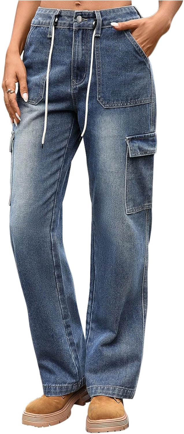 Straight Leg Jeans for Women Relaxed Fit Drawstring Casual Baggy Pants with Pockets Fashion Clothes