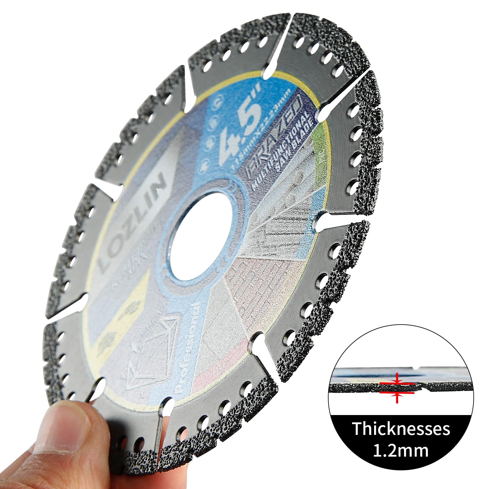 LOZLIN Confezione da 5 lame diamantate multiuso da 11,4 cm, dischi per smerigliatrice angolare per taglio marmo/quarzo/pietra/piastrelle/metallo/plastica (denti neri, 5)