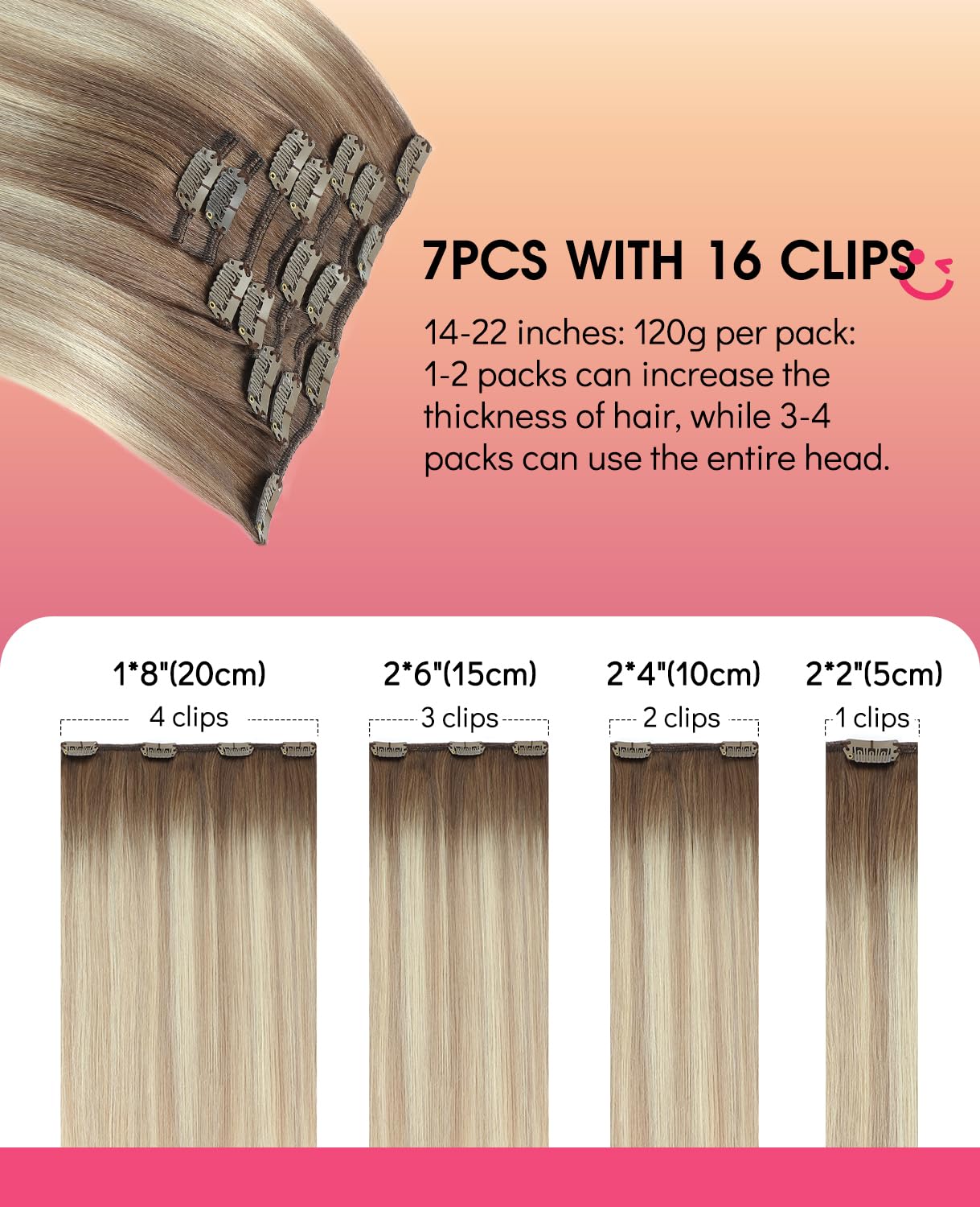 Youngsmile Clip in Extensions Echthaar Blond Balayage Clip in Extensions Hellbraun Ombre Aschblond Platinblond Clips Haarverlängerung Echthaar #8/60/18 55cm 120g 7pcs (clip#8/60/18-22Zoll)