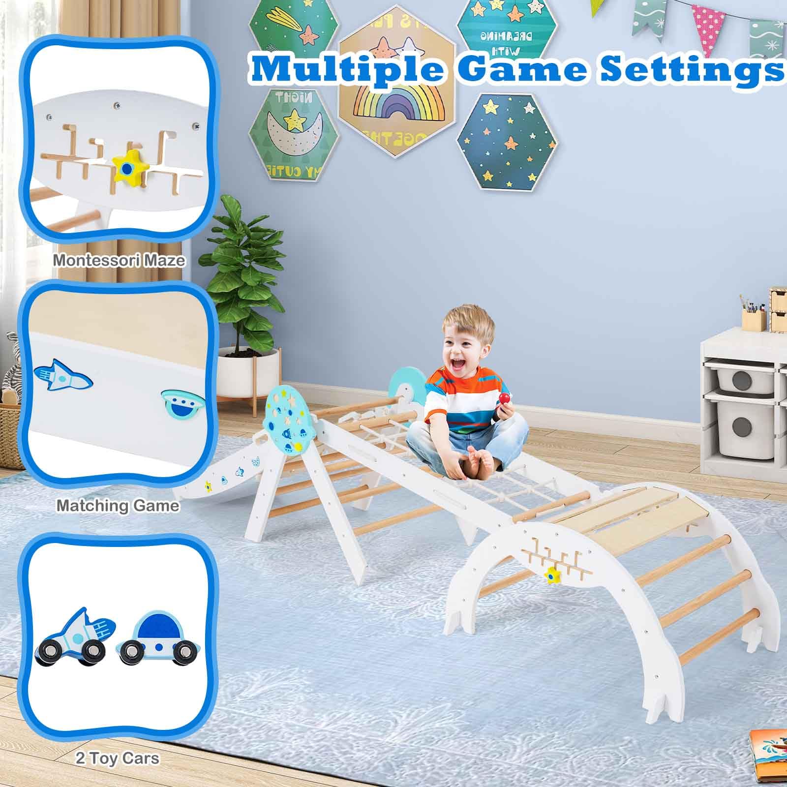 HOMASIS 4 en 1 Triángulo de Escalada Montessori, Estructura para Escalar con Arco, Rampa, Cuerda y Escalera, Área de Juegos Educativa para Niños a Partir de 3 Años. (Color Blanco)