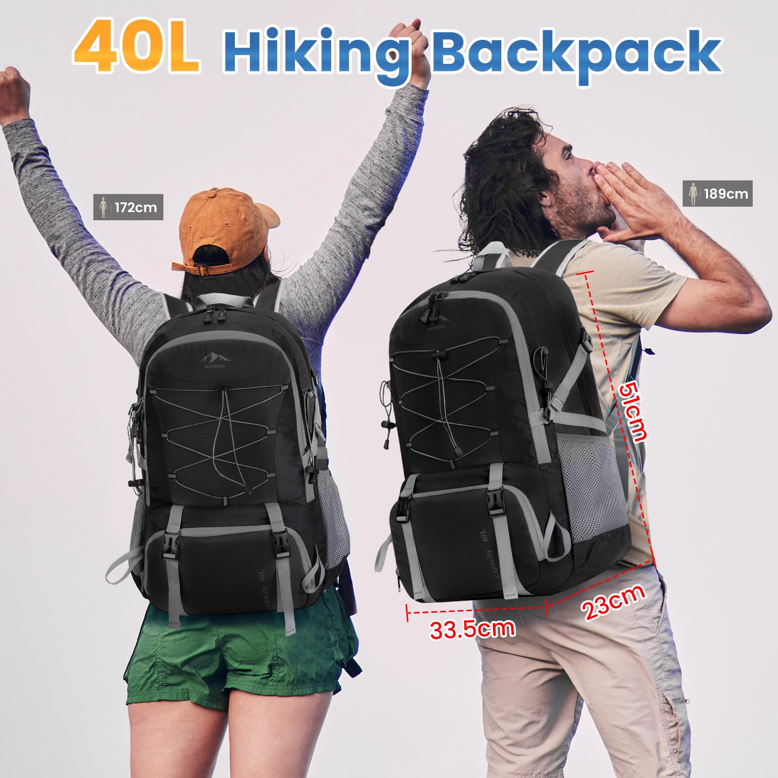 RAINSMORE Zaino Trekking 40 Litri Zaino Pieghevole Impermeabile Zaino Montagna Zaino da Viaggio Uomo e Donna Zaino Escursione per Hiking Campeggio Nero