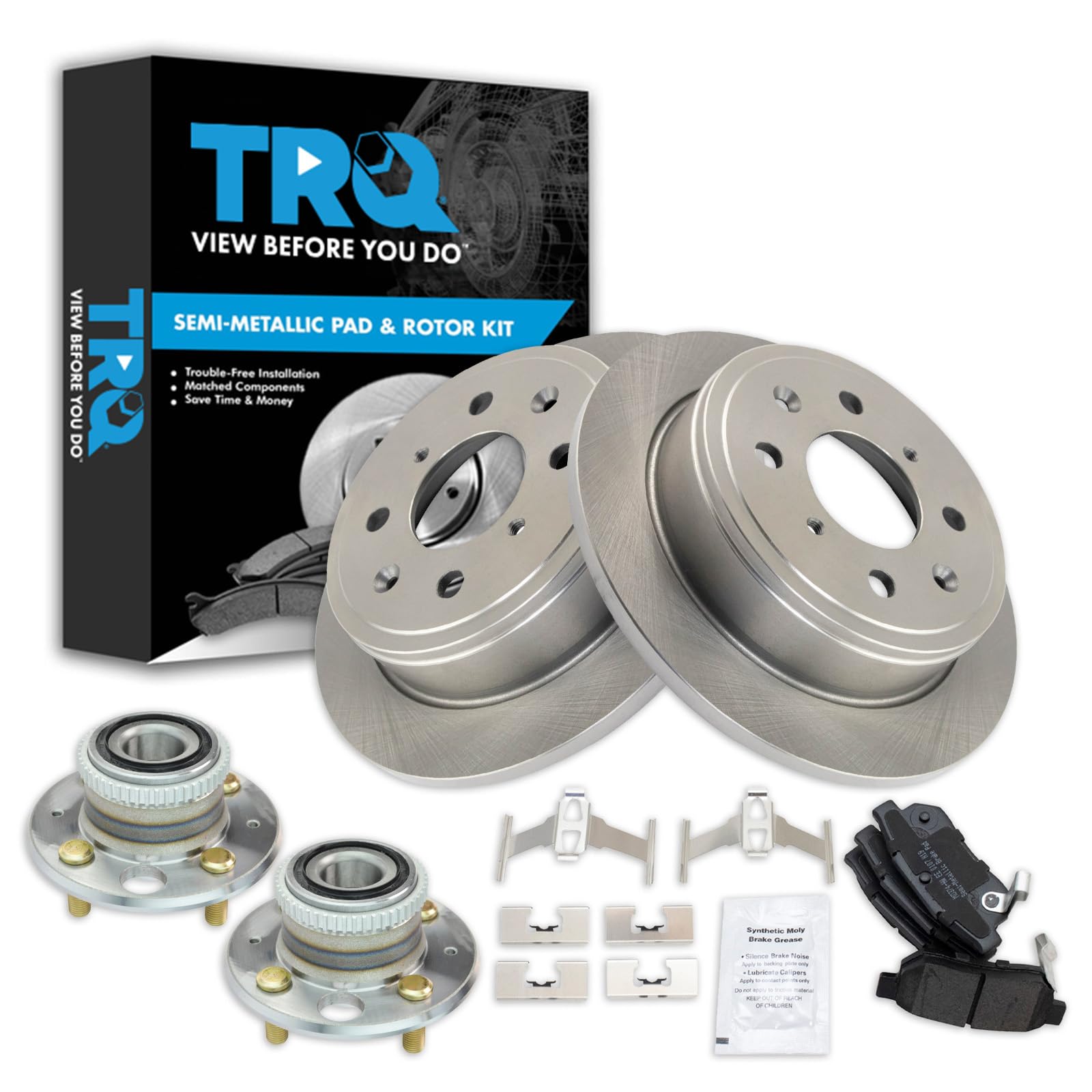 TRQ Rear Brake Pad and Rotor Set Semi Metallic Rotors Wheel Hub Bearing Compatible with 1990-1994 Acura Integra