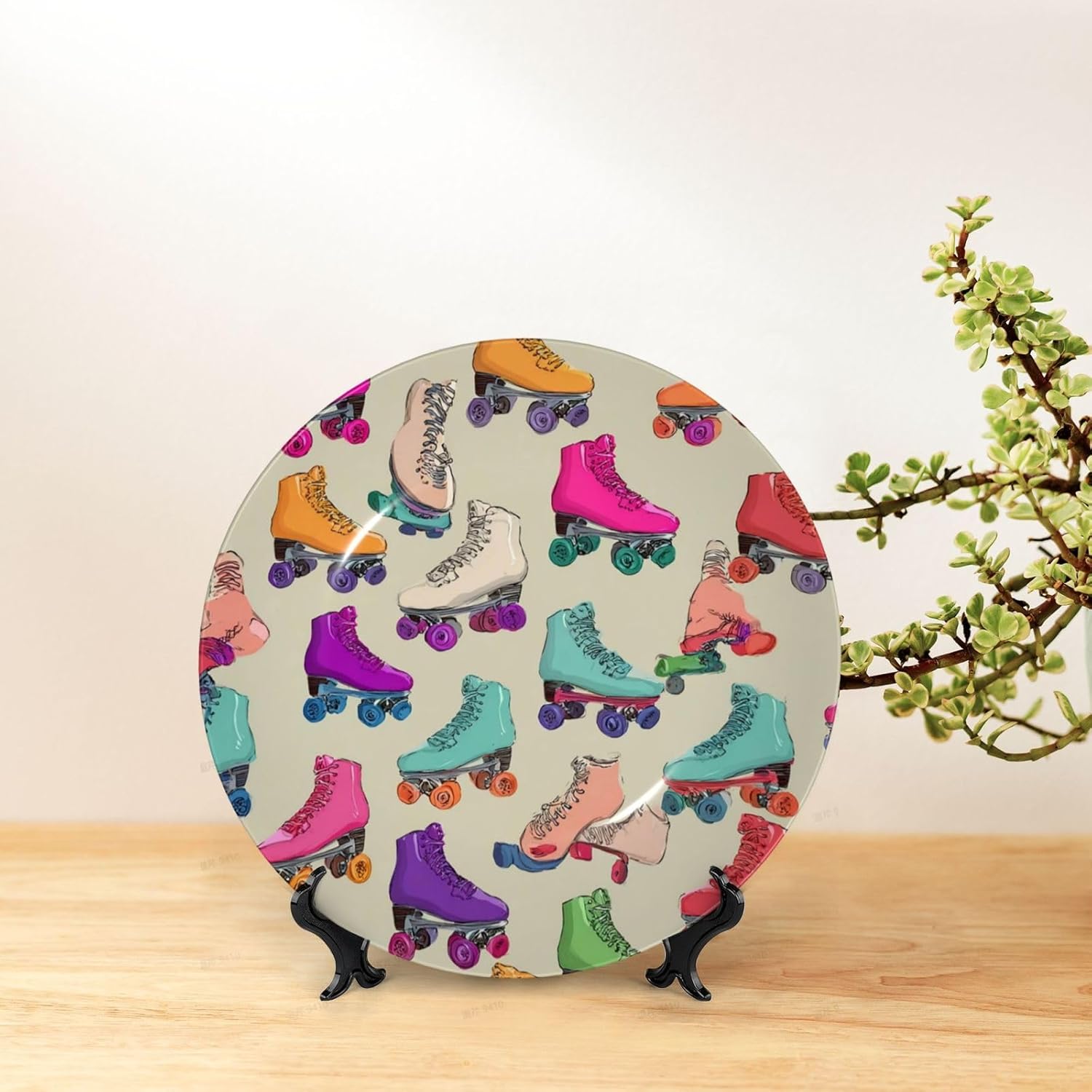 Bone China Decorative Plate with Display Retro Colorful Roller Skates Ceramic Plates Crafts Art Decor Dessert Plate Ceramic Ornament Porcelain Plates for Living Room Kitchen Table Home Decor