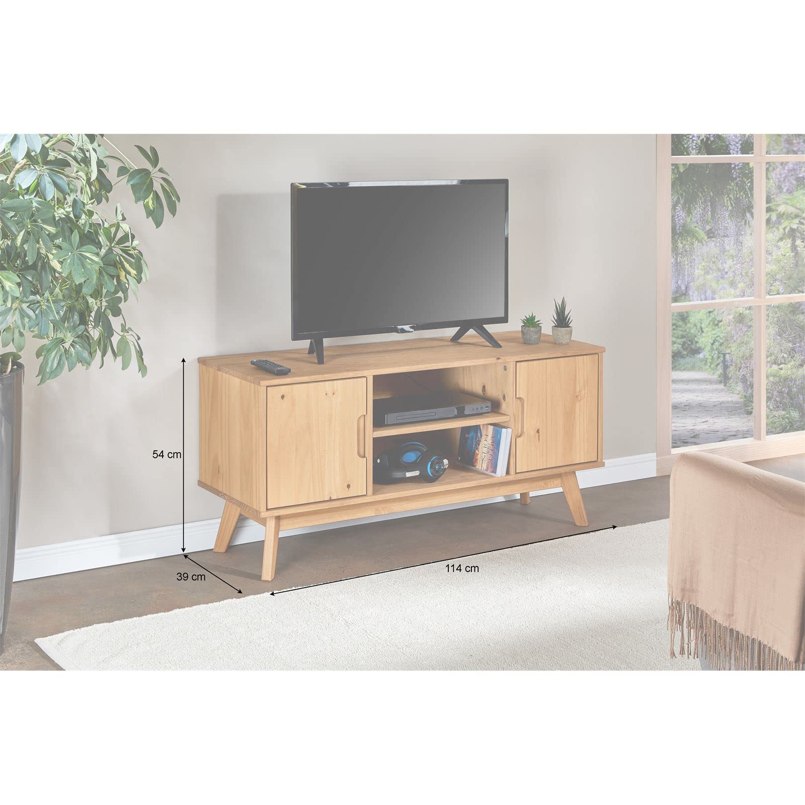 IDIMEX TV Lowboard Tivoli 115cm, Eiche Finish - Kiefer Massivholz, schmaler Fernsehtisch mit Stauraum und offenem Fach, modernes skandi Design