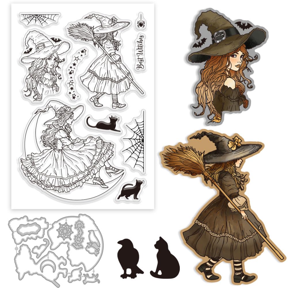 GLOBLELAND Witch Clear Stamps and Cutting Dies Set Cat Silicone Clear Stamps and Metal Moon Stars Die Cuts for Witches Festival Card Making and DIY Scrapbooking