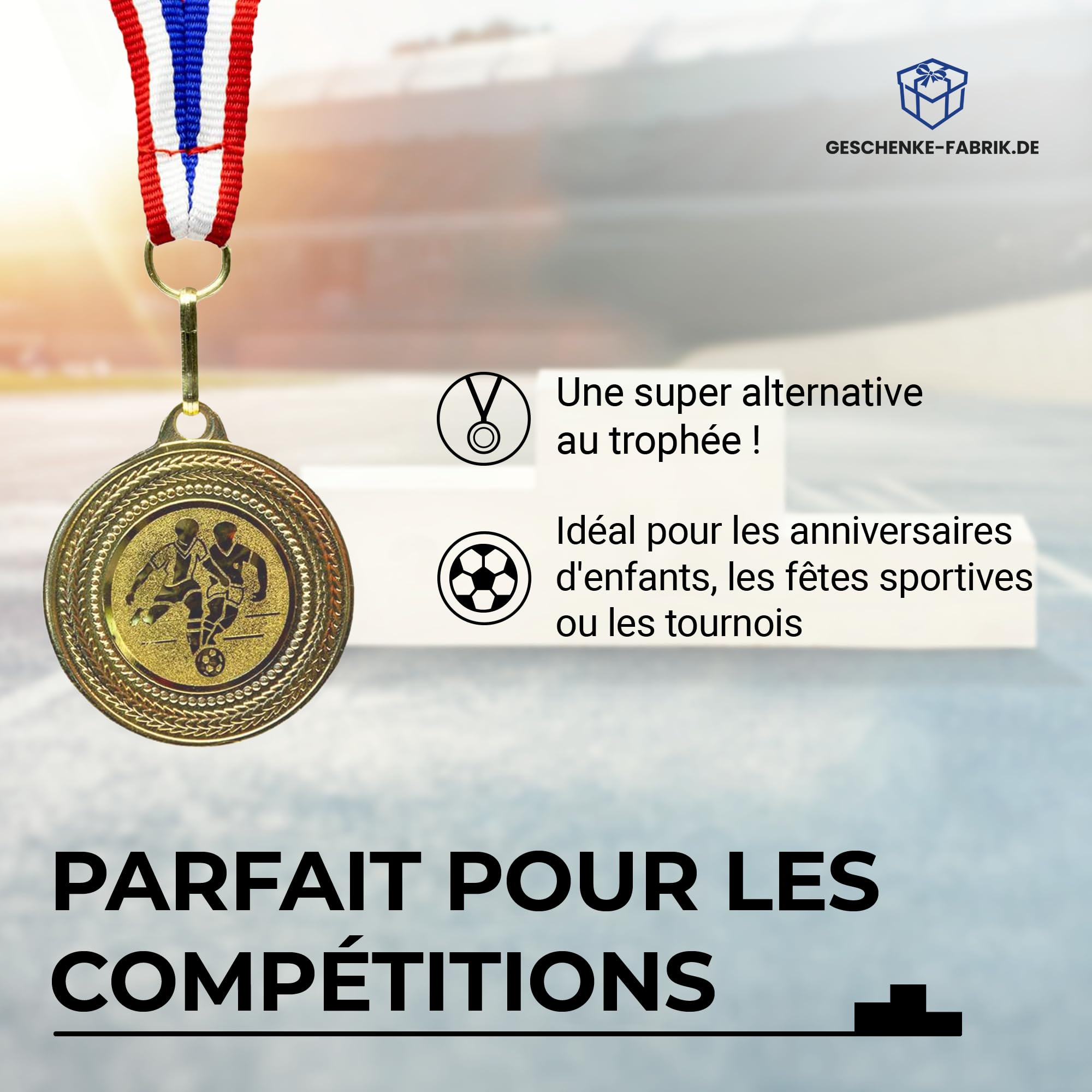 Pokal-Fabrik – Lot de 10 médailles de Football dorées en métal avec Ruban Bleu-Blanc-Rouge – Médailles pour Enfants, Clubs et Tournois – Idéal pour Remise de Prix et compétitions