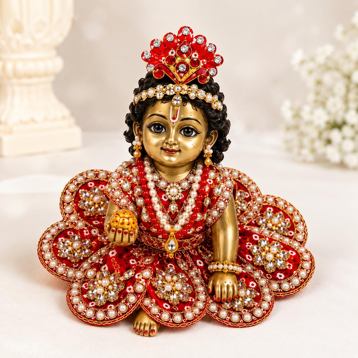 Laddu Gopal ji Heavy Work Designer Dress (Size 4 - Red) | Poshak With Mala, Mukut, Earring Set | Premium quality kundan stones and pearl border on traditional bandhani look-picture-24