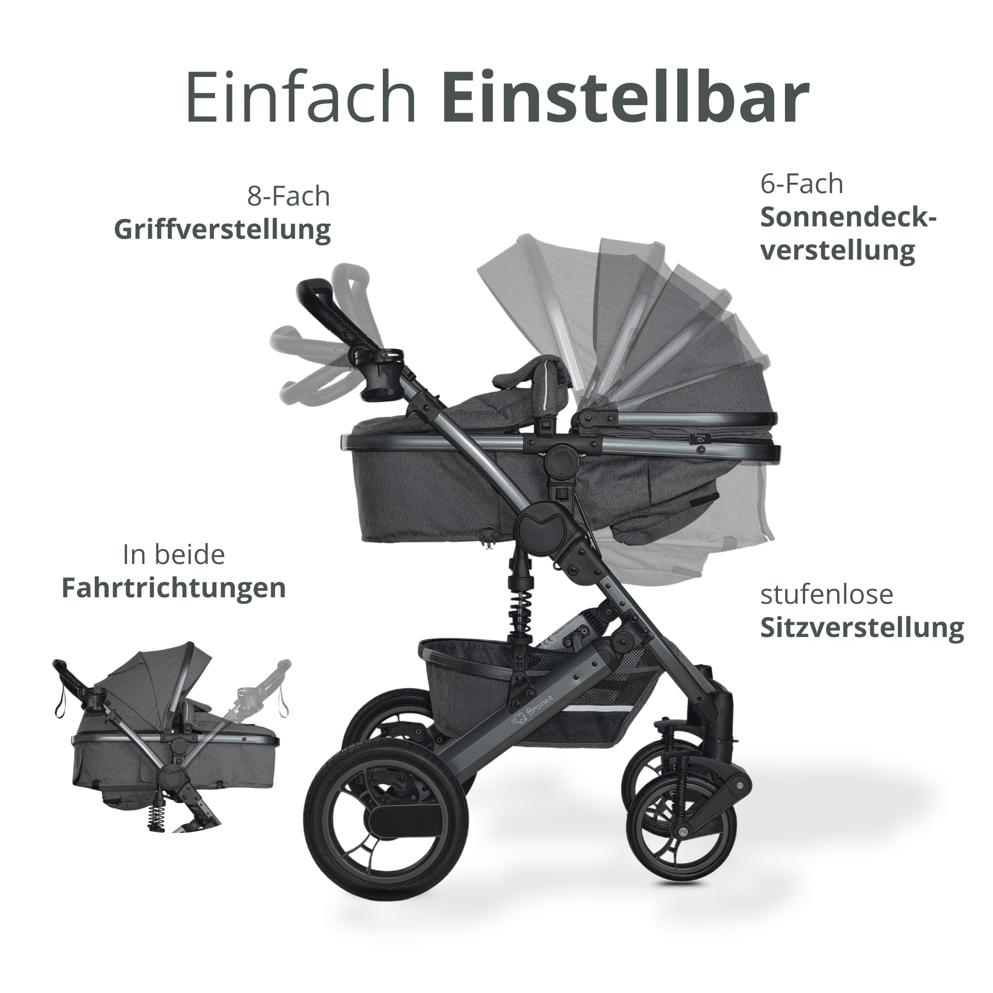 EXQUISE 2.0 Kinderwagen 3-in-1 Komplettset Inkl. Auto-Babyschale, Babywanne | Buggy, Zusammenklappbar, Wickeltasche, Regenschutz, Mücken- & Sonnenschutz (Grau-Grau)
