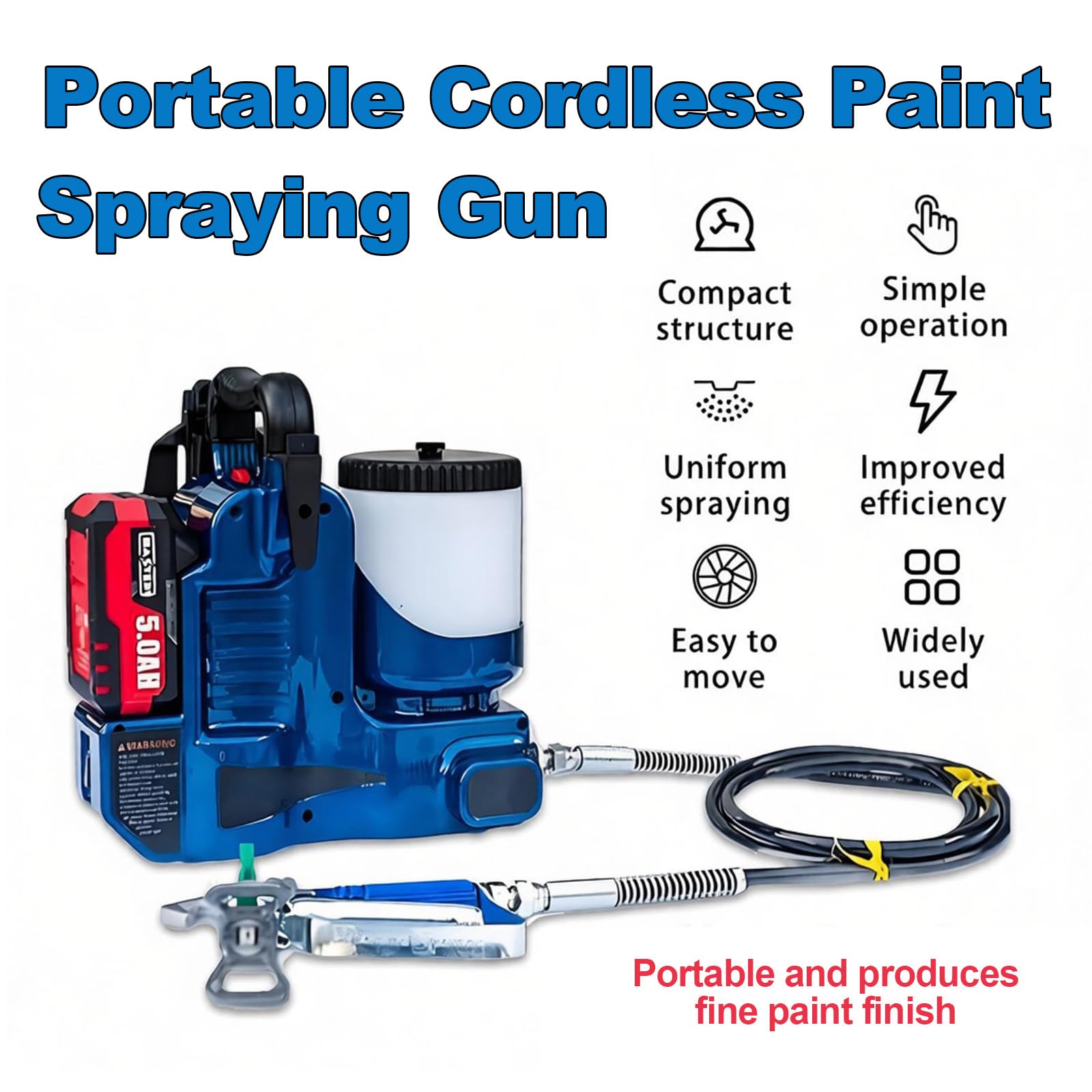 Pistola Pintura Sin Aire 500w Inalámbrica,21v Litio,1,2l Tolva,1,1l/Min Caudal,6 Velocidades,15mpa,para Pintura Látex,Laca,Casas Y Reformas Pequeñas Red-3Battery