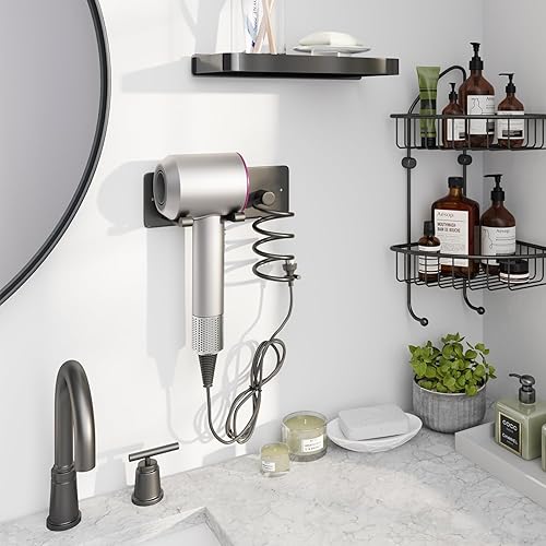 Miniatura 6 de Tindbea Soporte para secador de pelo + soporte para rizador, soporte para secadora de pelo negro mate, soporte de pared, organizador de herramientas