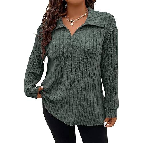 Koscacy Women Plus Size Casual Knit Sweater Lapel V Neck Solid Color Tops Lightweight Long Sleeve Blouses