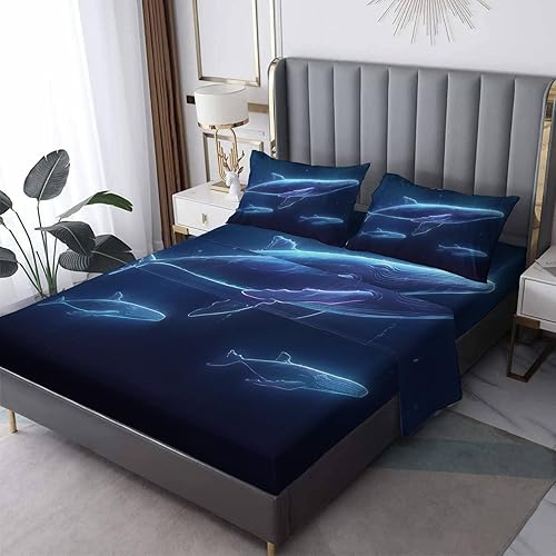 GEDAEUBA Sábanas de ballena tamaño King  Sábanas de animales marinos para niños y niñas, juego de sábanas azul marino con sábana bajera de bolsillo