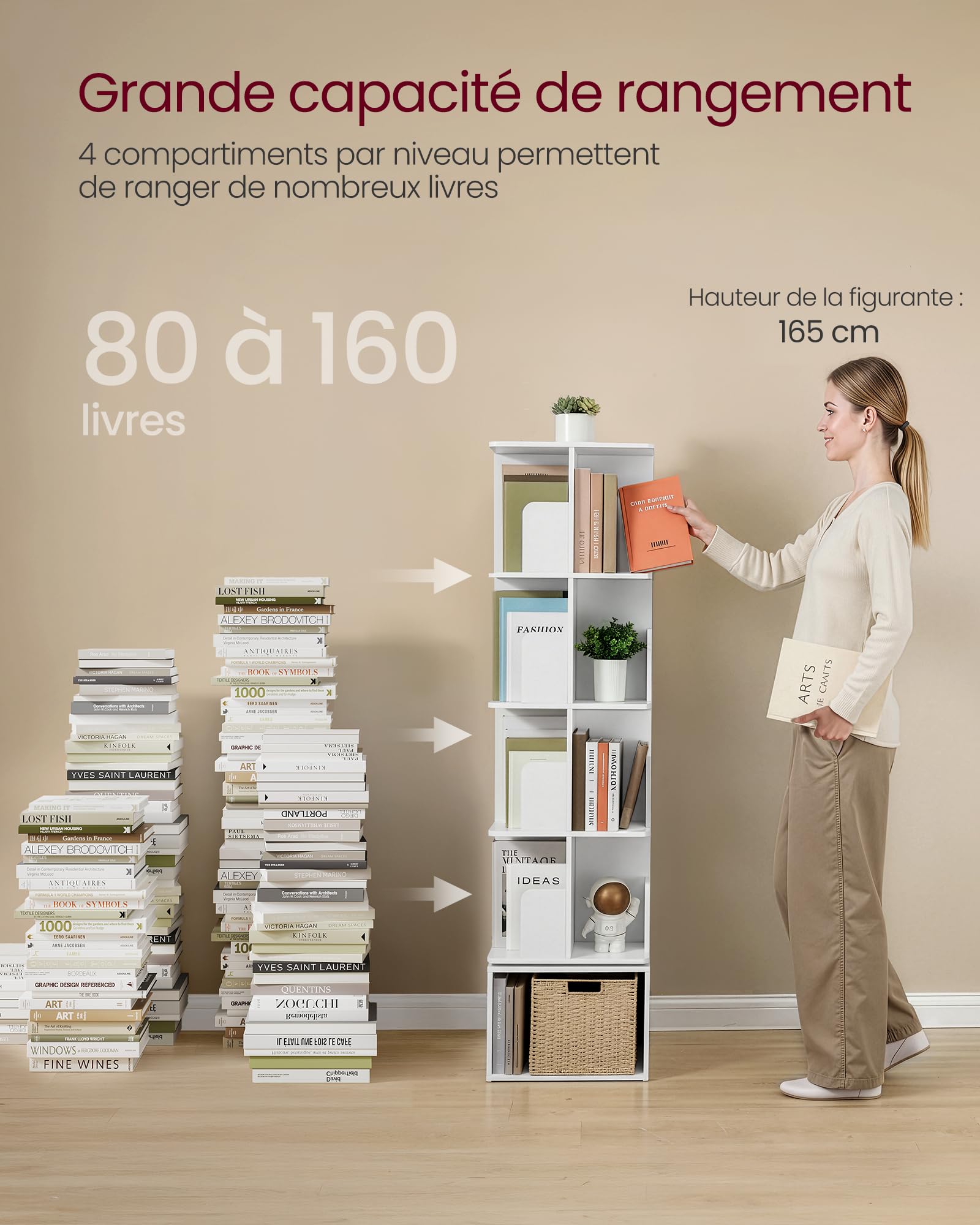 VASAGLE Custos Collection - Bibliothèque Rotative à 5 Niveaux, Bibliothèque Pivotante à 360°, avec Compartiments Ouverts, 40 x 40 x 155,8 cm, pour Chambre, Salon, Bureau, Blanc Nuage LBC472WB01
