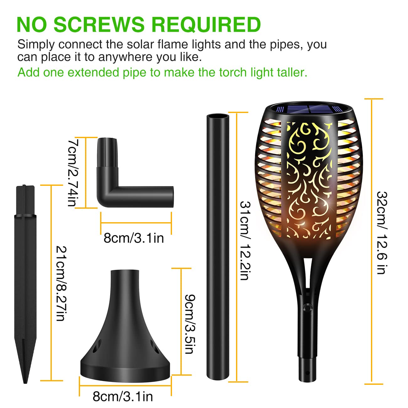 gabless Lampe Solaire Exterieur, Lumière Solaire de Torche Lampe 96LED, Lumiere Solaire Exterieur de Flammes, Lampe Solaire Exterieur Jardin IP65 Imperméable, Lampe Solaire Exterieur Jardin