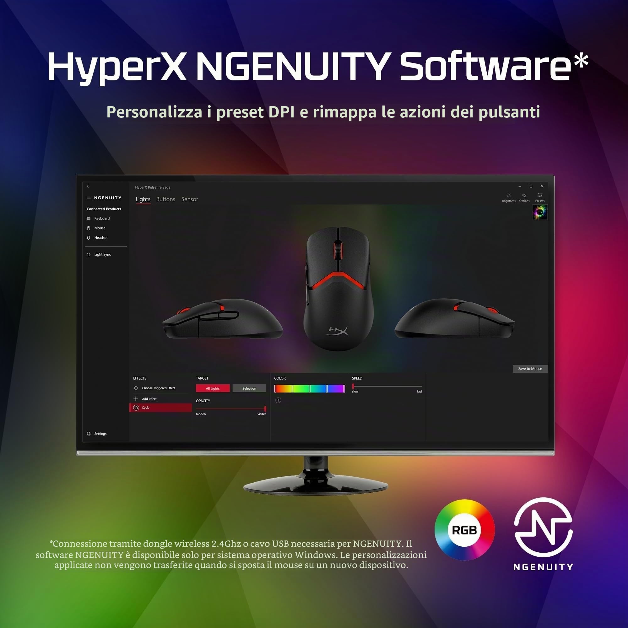 HyperX Pulsefire Saga, Mouse Gaming Cablato Modulare RGB, Nero | Ultra Leggero 69 g, Sensore HyperX 26K, 8000 Hz, 6 Pulsanti