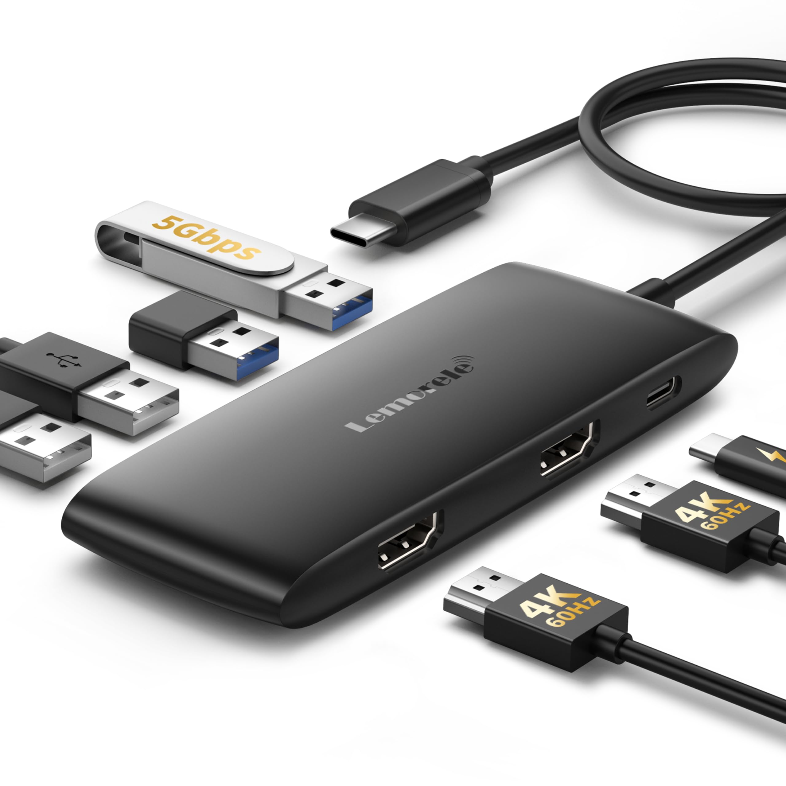 USB ハブ HDMI 2ポート 4K対応 二画面4K@60Hz USB C ドッキングステーション hdmi2つ 複数画面拡張 4K60Hz 2画面出力 7 in 1 Type C ハブ Lemorele 100W 急速充電 5Gbps高速データ転送 USB A3.0 *1+USB A2.0 *3 MacBook/WindowsタイプC デバイス対応 ケーブル長さ26cm