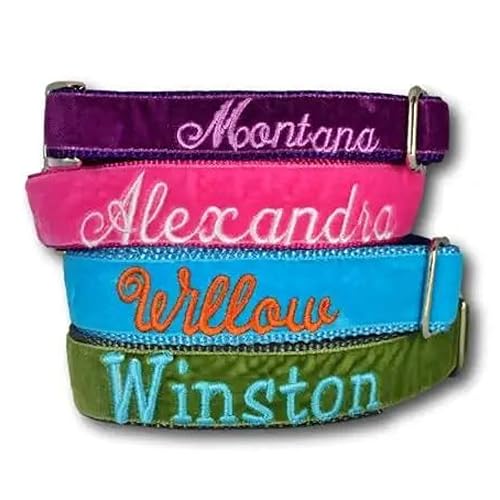 Miniatura 1 de Embroidered Personalized DOG COLLAR with Pet Name and Leash Option - Custom Velvet Dog Collar for Boy & Girl Dogs - 4 Adjustable Sizes for