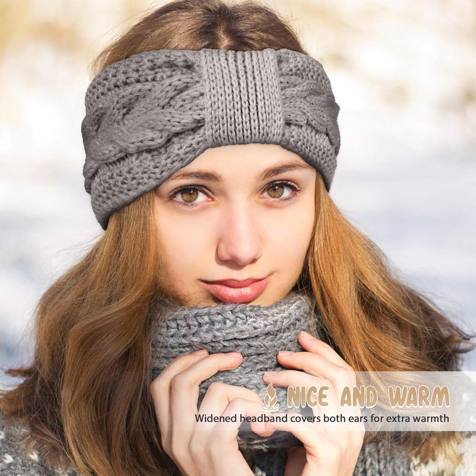 Winter Hoofdband voor Dames, 3 Stuks, Gebreide Fleece Gevoerde Oorwarmers, Elastische Warme Haarband voor Outdoor, Sport, Hardlopen, Skiën (Grijs