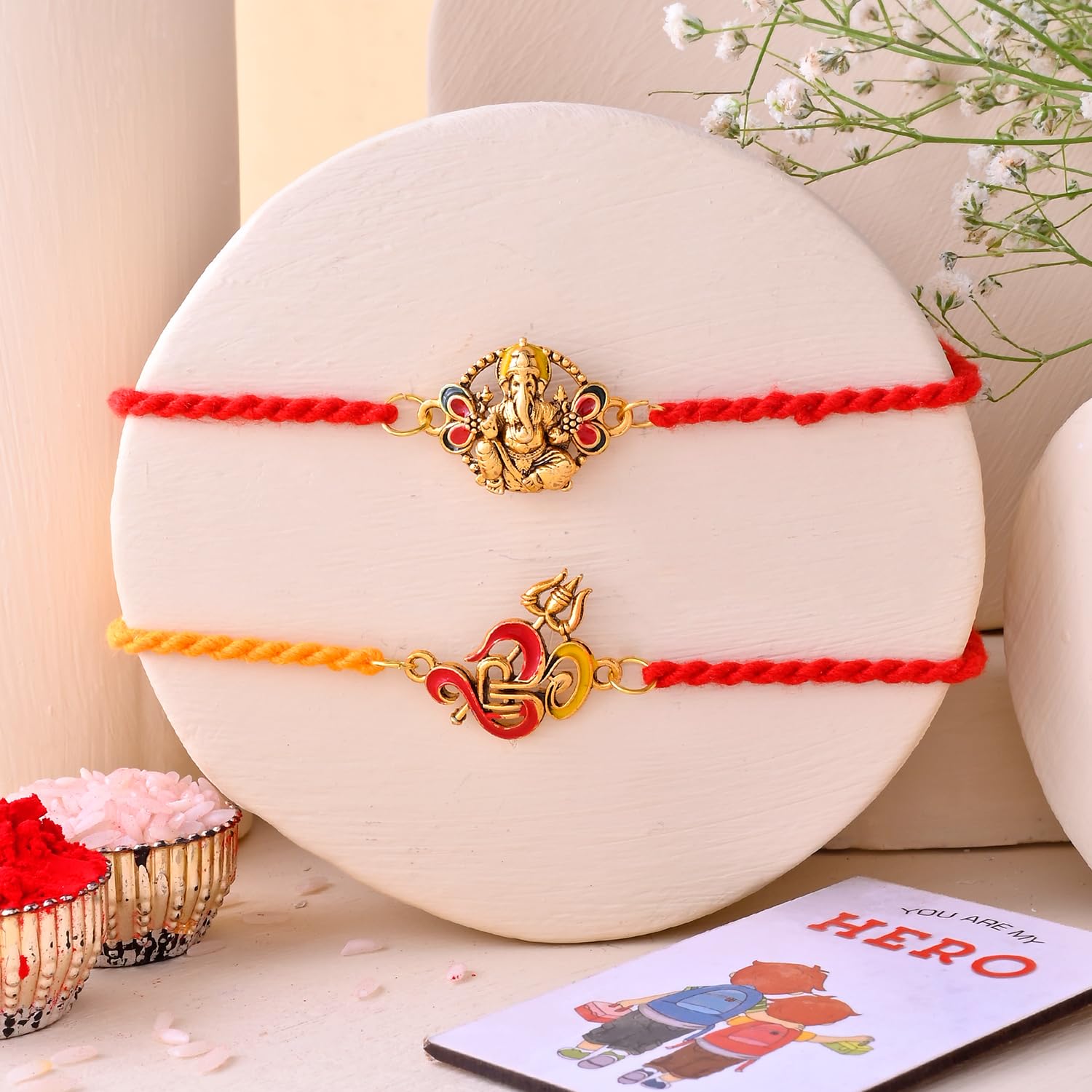 ascension Set of 2 Om & Ganesh Ji Designer Rakhi for Brother Rakhi Set for Bhaiya, Bhai Raksha Bandhan Religious Rakhis with You are My Hero Fridge Magnet Gift & Roli Tilak-image-25
