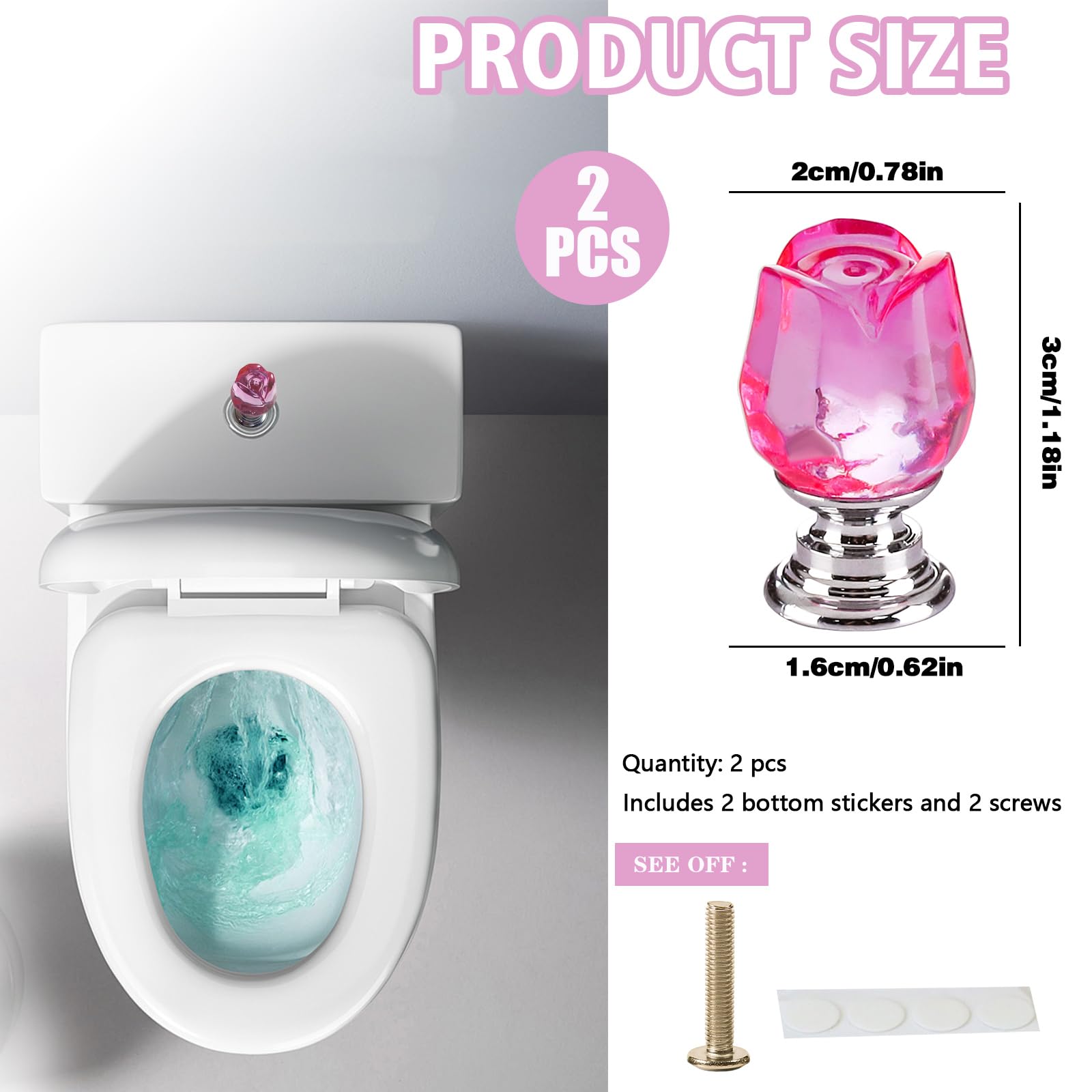 2pcs Toilet Push Button Flush Replacement, Drawer Pull Handle Toilet Flush Tank Button for Bathroom(Pink) - Image 2