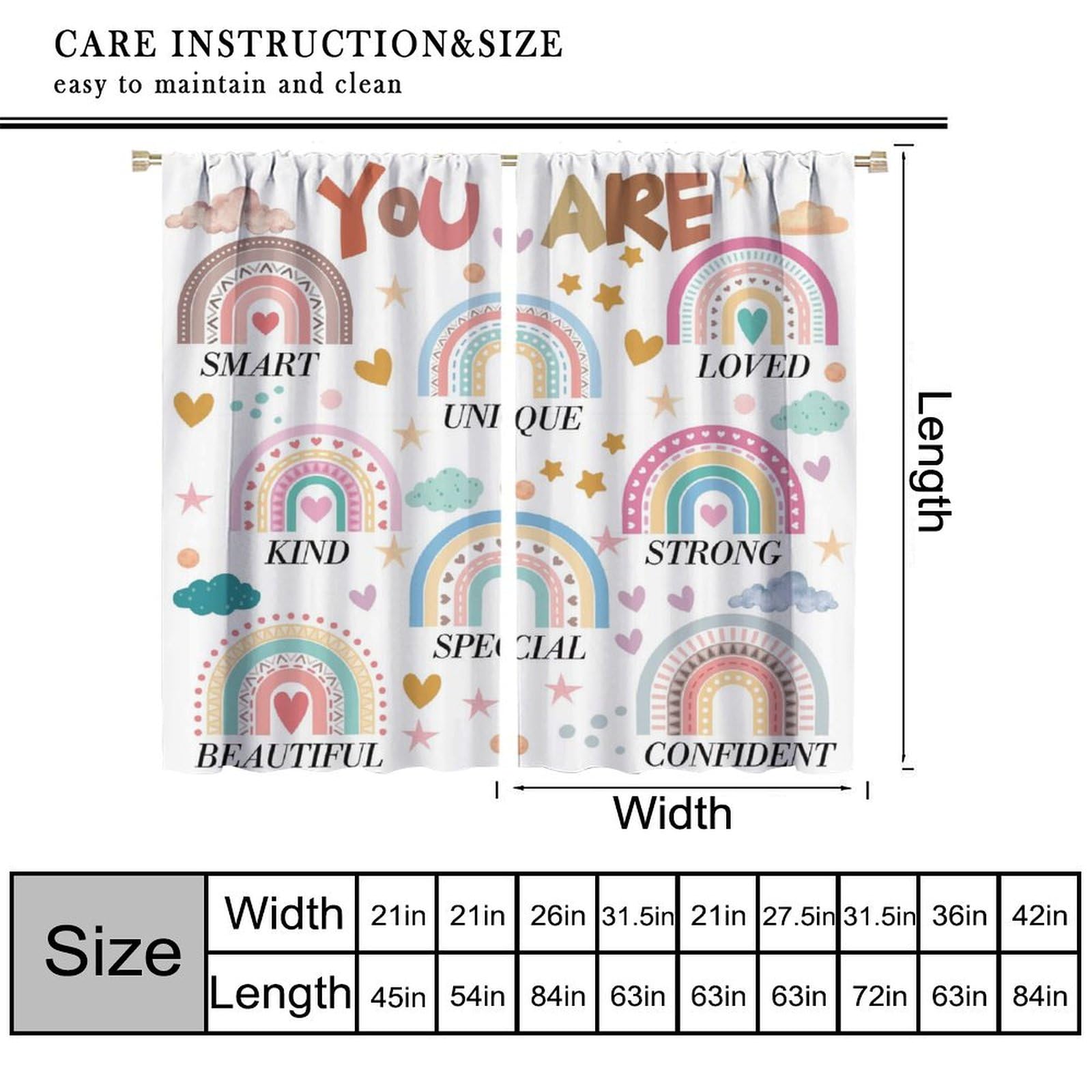 Rainbow Curtains, Boho Quotes Inspirational Positive Colorful Pastel Window Treatments, Rod Pocket Thermal Insulated Drapes 2 Panel Sets for Kids Bedroom Nursery Classroom, 42