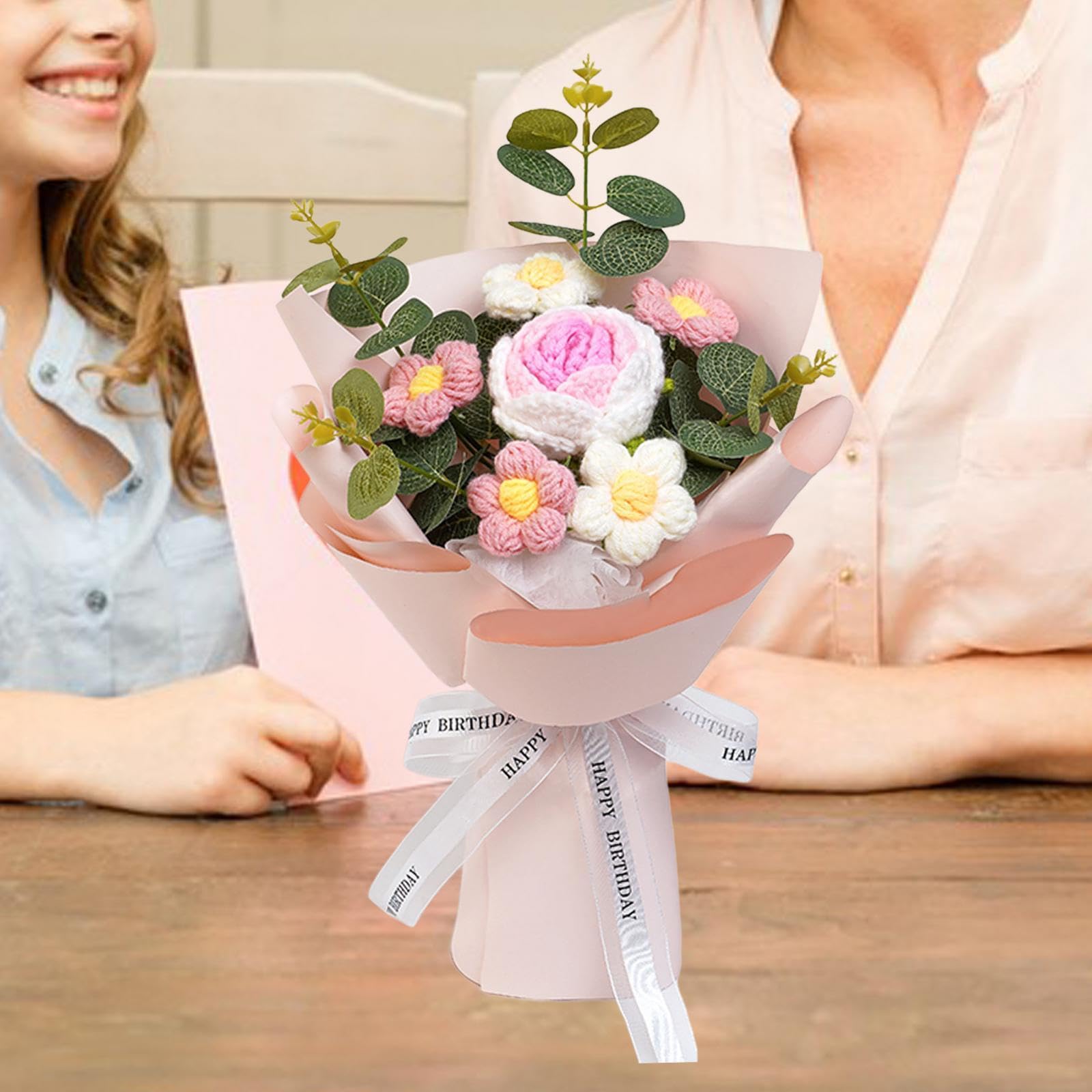 Qianly Rose au Crochet, Fleur Tricotée, Cadeau Saint-Valentin Anniversaire