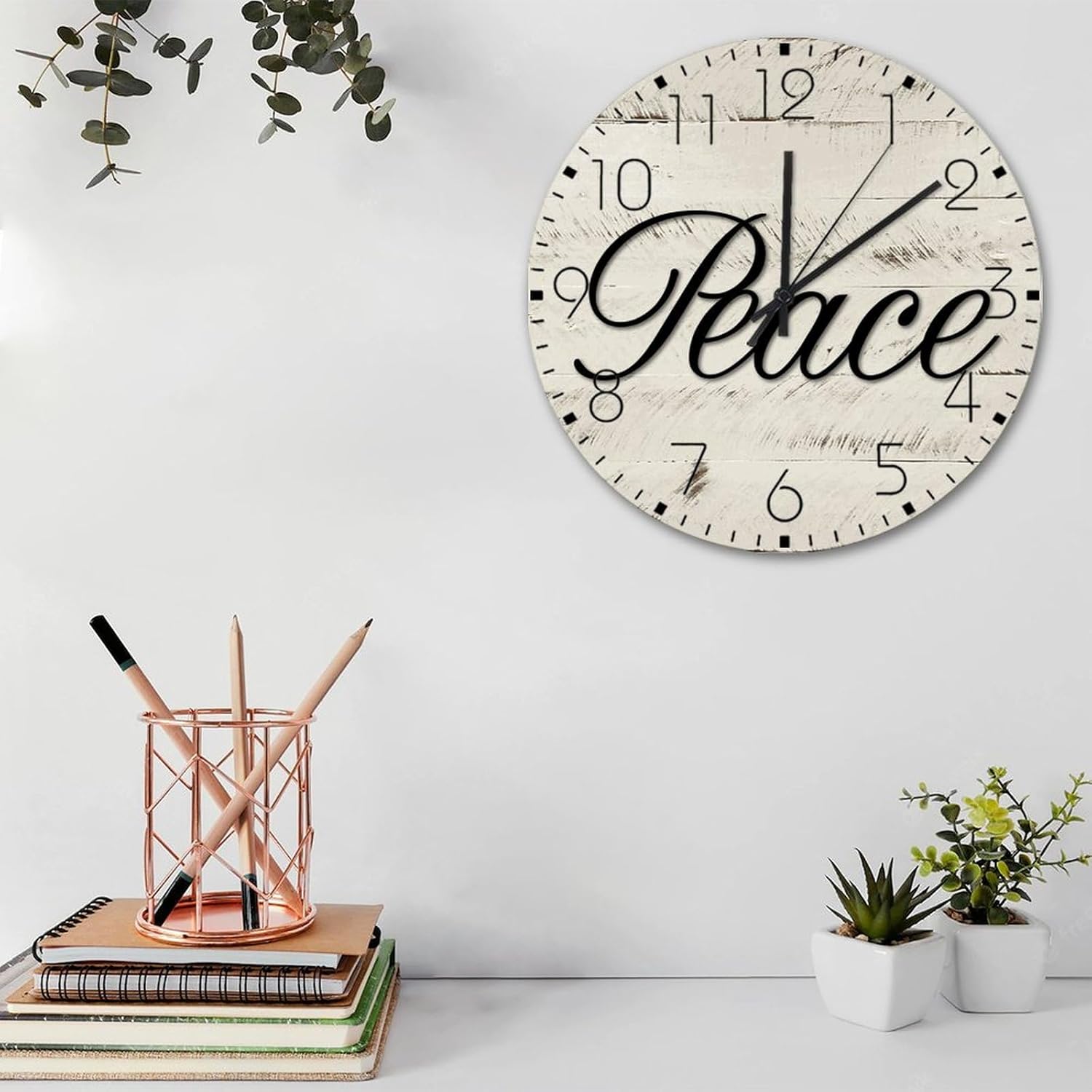 15 Inch Silent Non-Ticking Wall Clocks Battery Operated Peace Home Decor for Living Room Letter Monogram Script Font Vintage Round Wooden Wall Clock Rustic for Garden Family Room