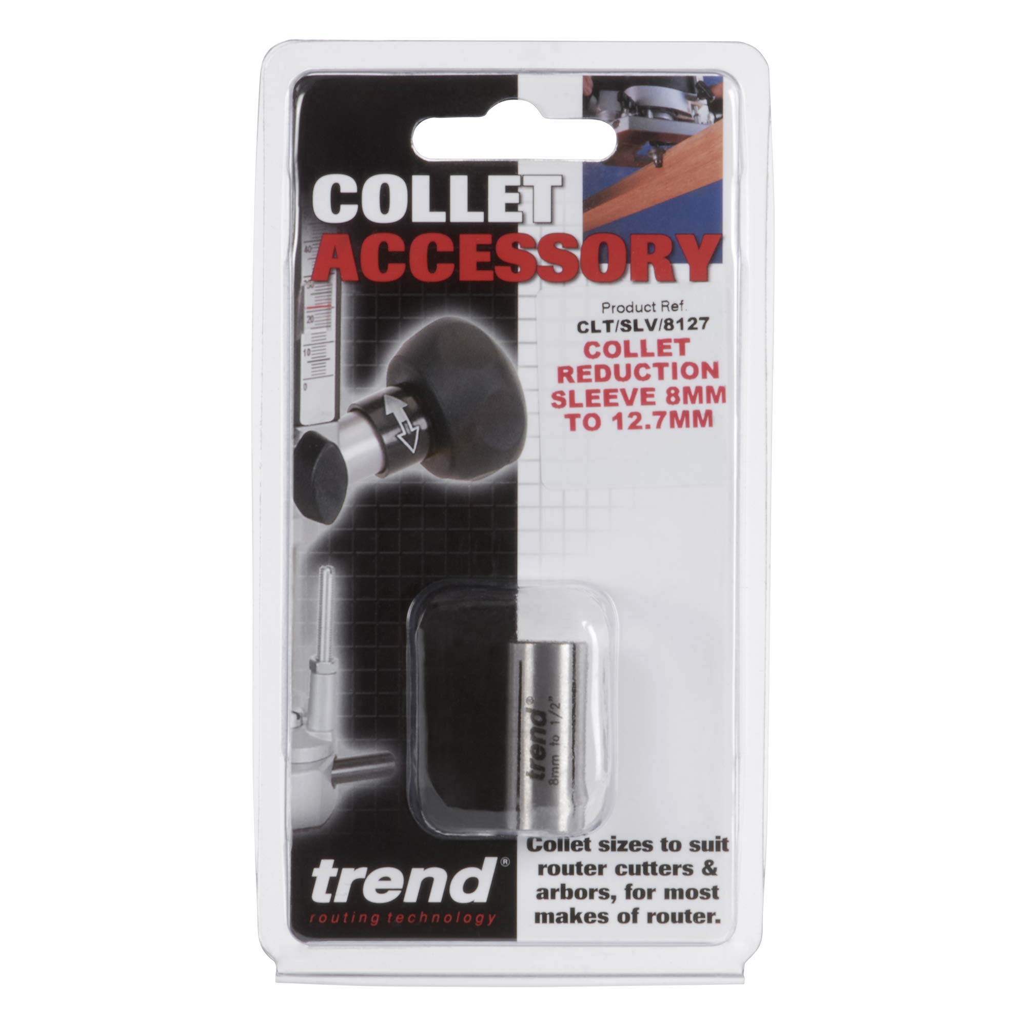 Trend Collet Reduction Sleeve, 8mm to 12.7mm, Router Shank Adaptor, Length 30mm, CLT/SLV/8127
