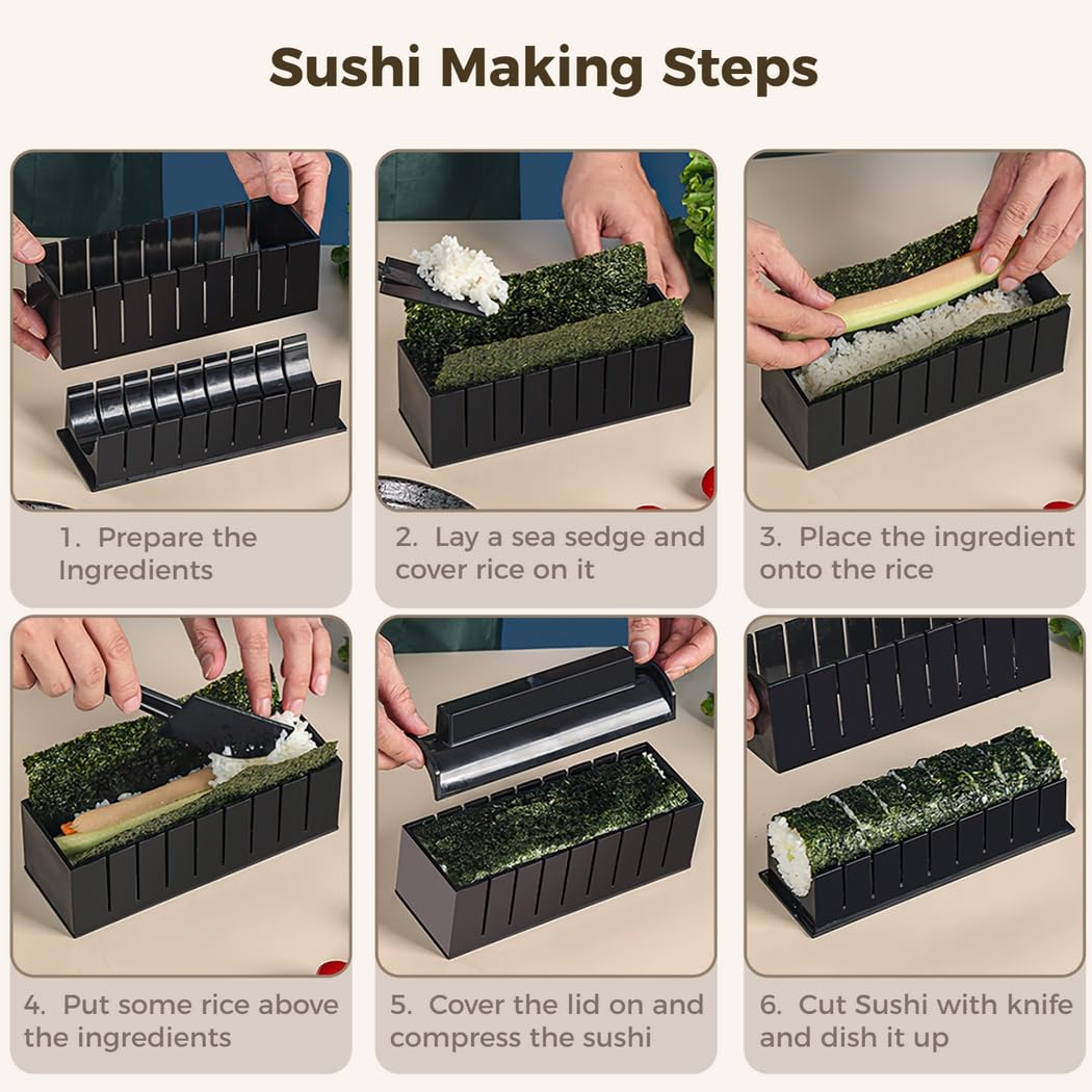 Kit de fabrication de sushis 23 pièces pour débutants, ensemble d'outils de sushi maison haut de gamme avec moules à riz en plastique et accessoires