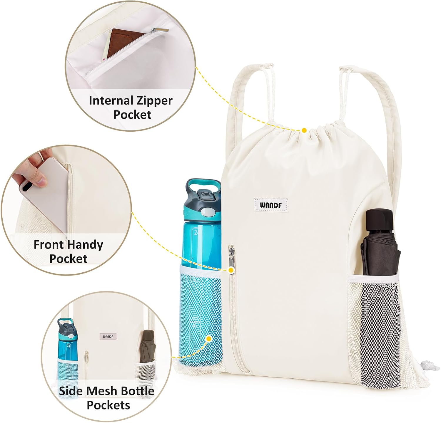 WANDF Drawstring Backpack, Gym String Bag with Shoulder Pad image 4
