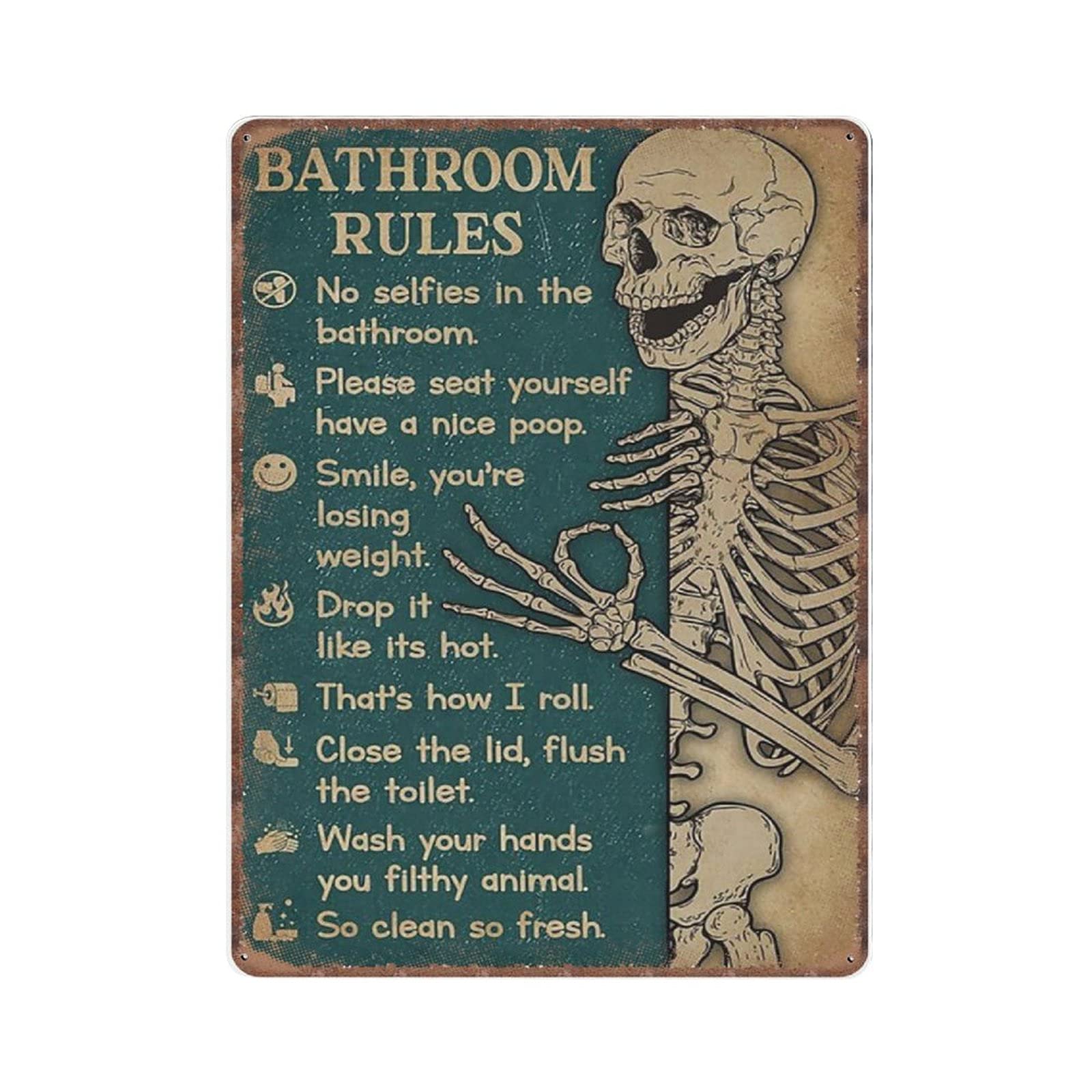 rayprint Bathroom Rules Skeleton Tin Signs Vintage Poster Metal Tin Signs Iron Painting Plaque Wall Decor Bar Club Novelty Funny Kitchen Retro Parlor garage Gifts for mom Dad, 30X40cm