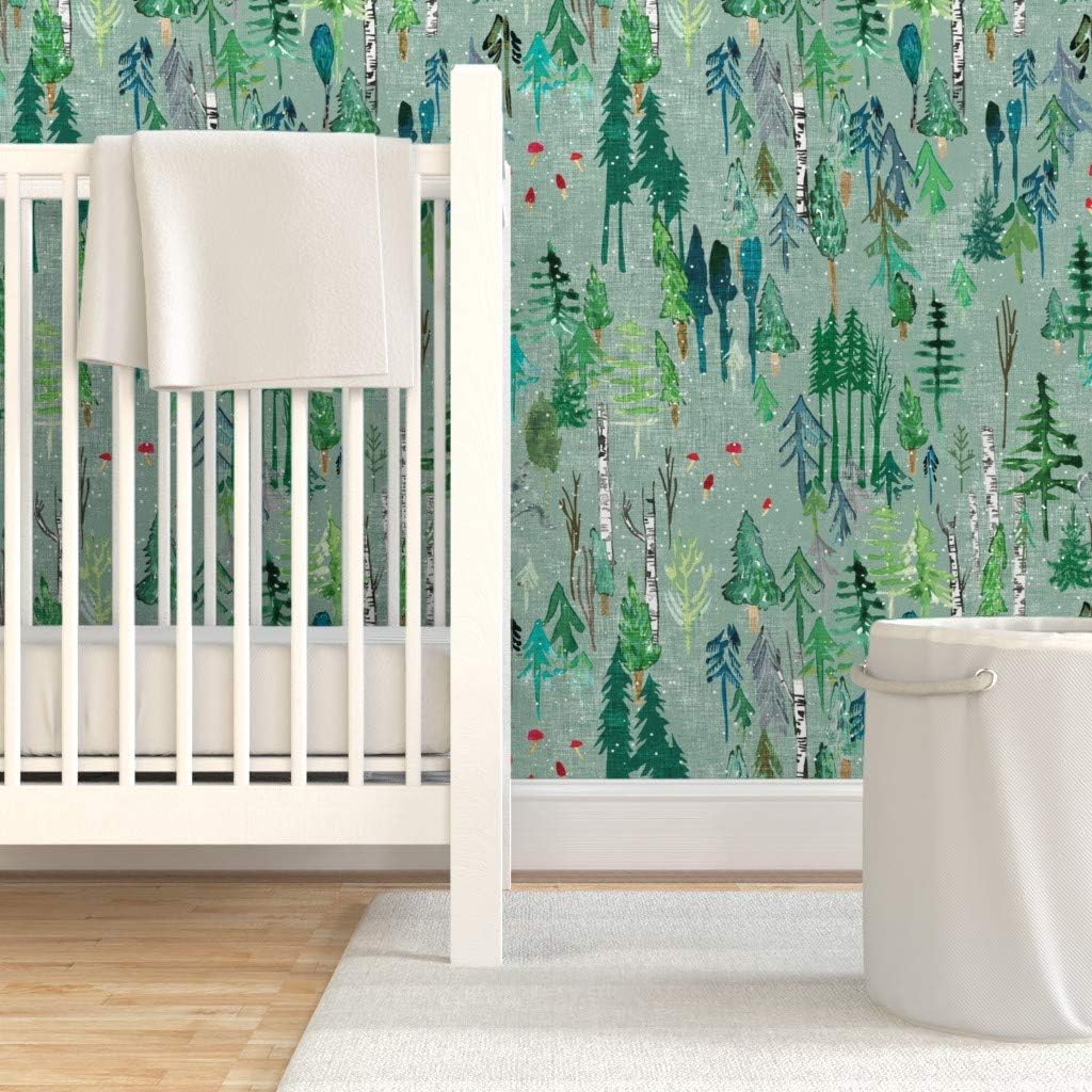 Peel & Stick Wallpaper 6ft x 2ft - Forest Sage Snow Mushroom Blue Woodland Pine Birch Trees Winter Christmas Custom Removable Wallpaper by Spoonflower
